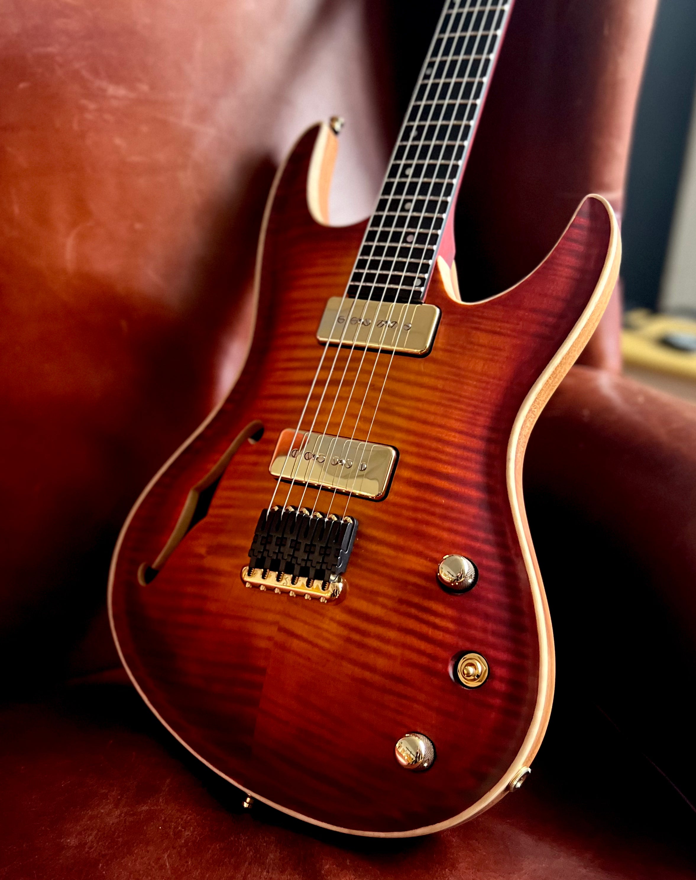 Valenti Nebula Carved Semi Hollow P90 Vintage Cherry Burst, Electric Guitar for sale at Richards Guitars.