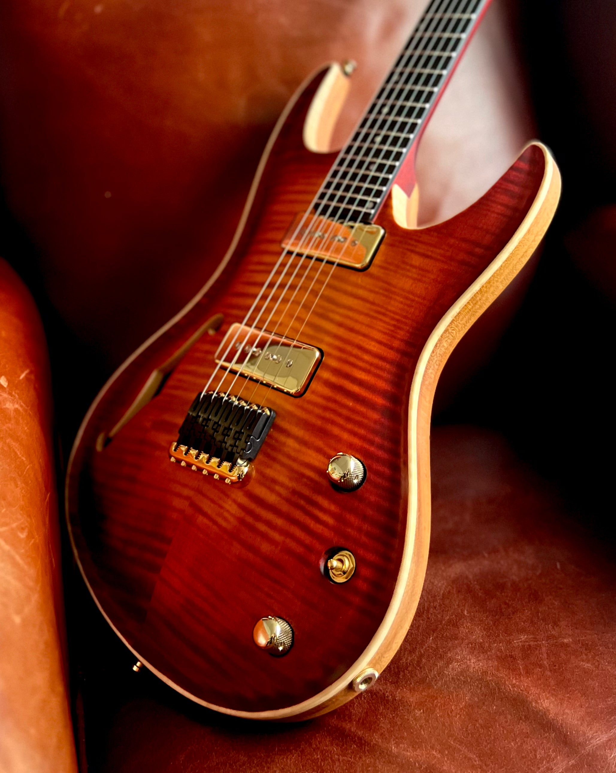 Valenti Nebula Carved Semi Hollow P90 Vintage Cherry Burst, Electric Guitar for sale at Richards Guitars.