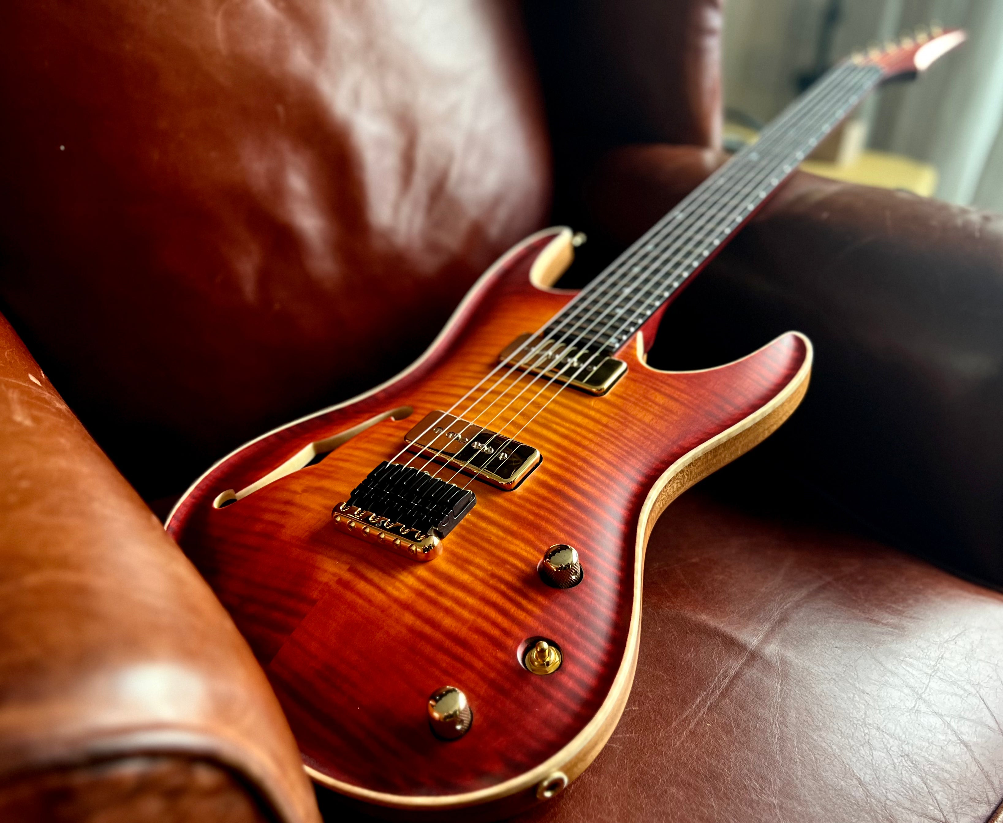Valenti Nebula Carved Semi Hollow P90 Vintage Cherry Burst, Electric Guitar for sale at Richards Guitars.