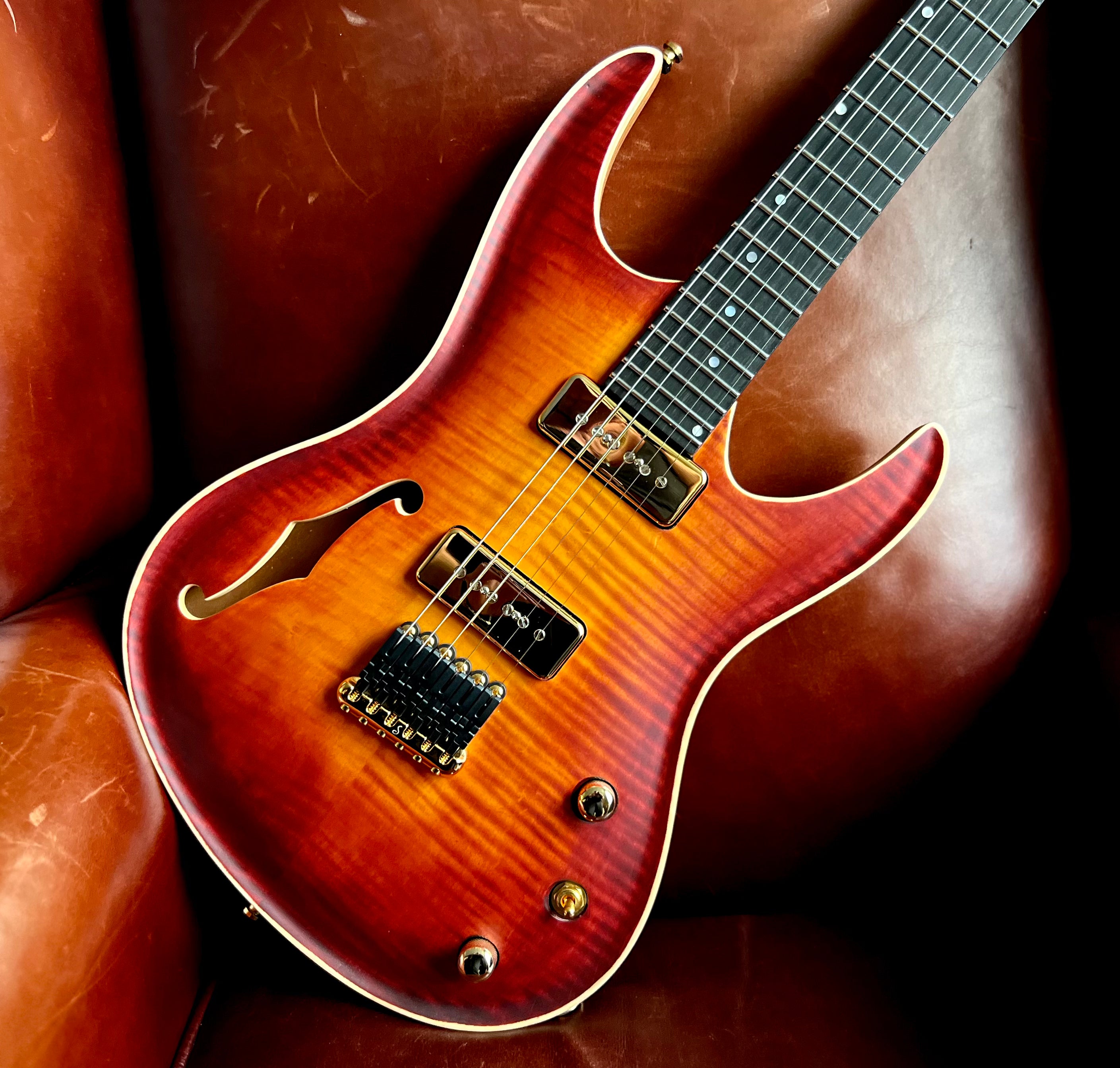Valenti Nebula Carved Semi Hollow P90 Vintage Cherry Burst, Electric Guitar for sale at Richards Guitars.