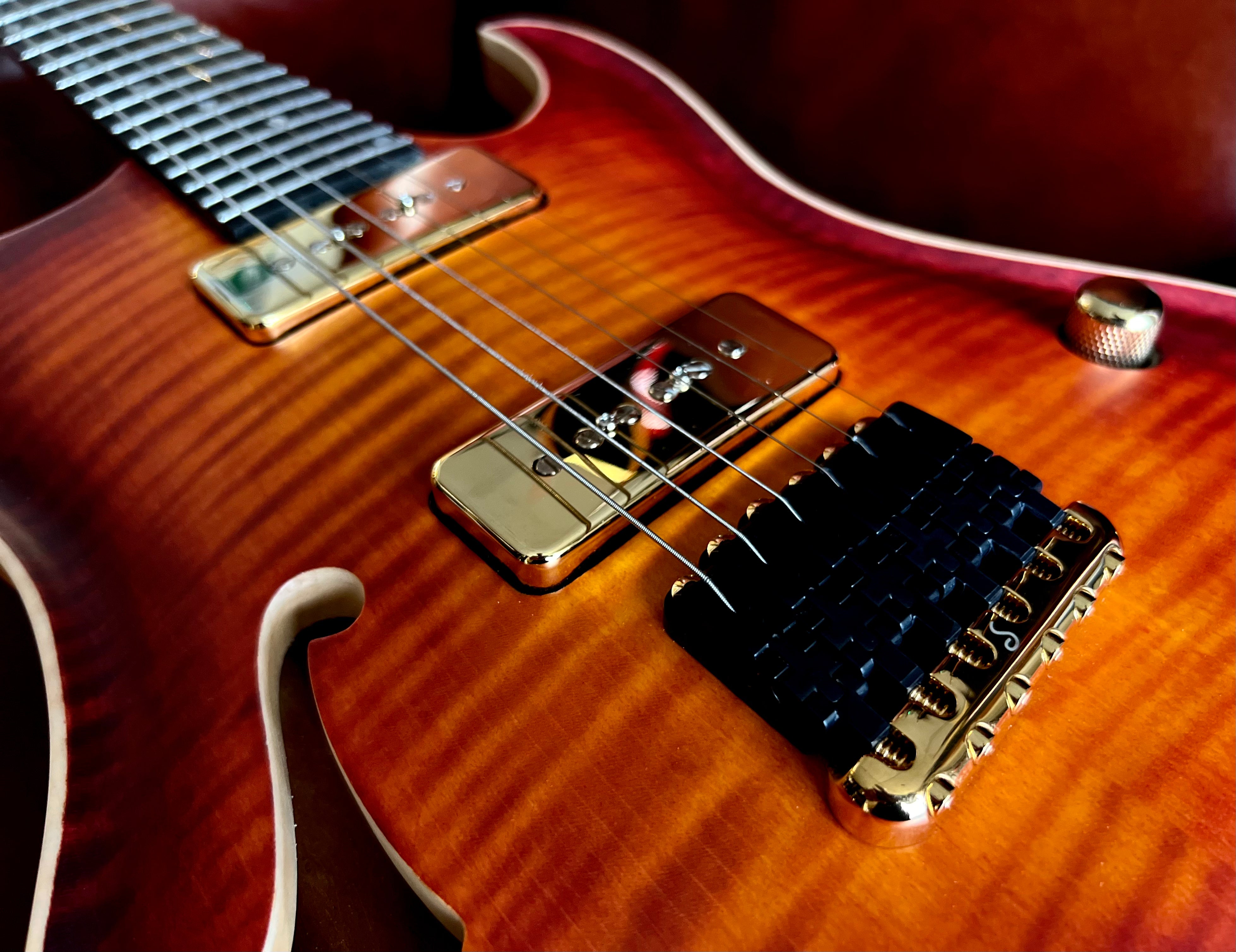 Valenti Nebula Carved Semi Hollow P90 Vintage Cherry Burst, Electric Guitar for sale at Richards Guitars.