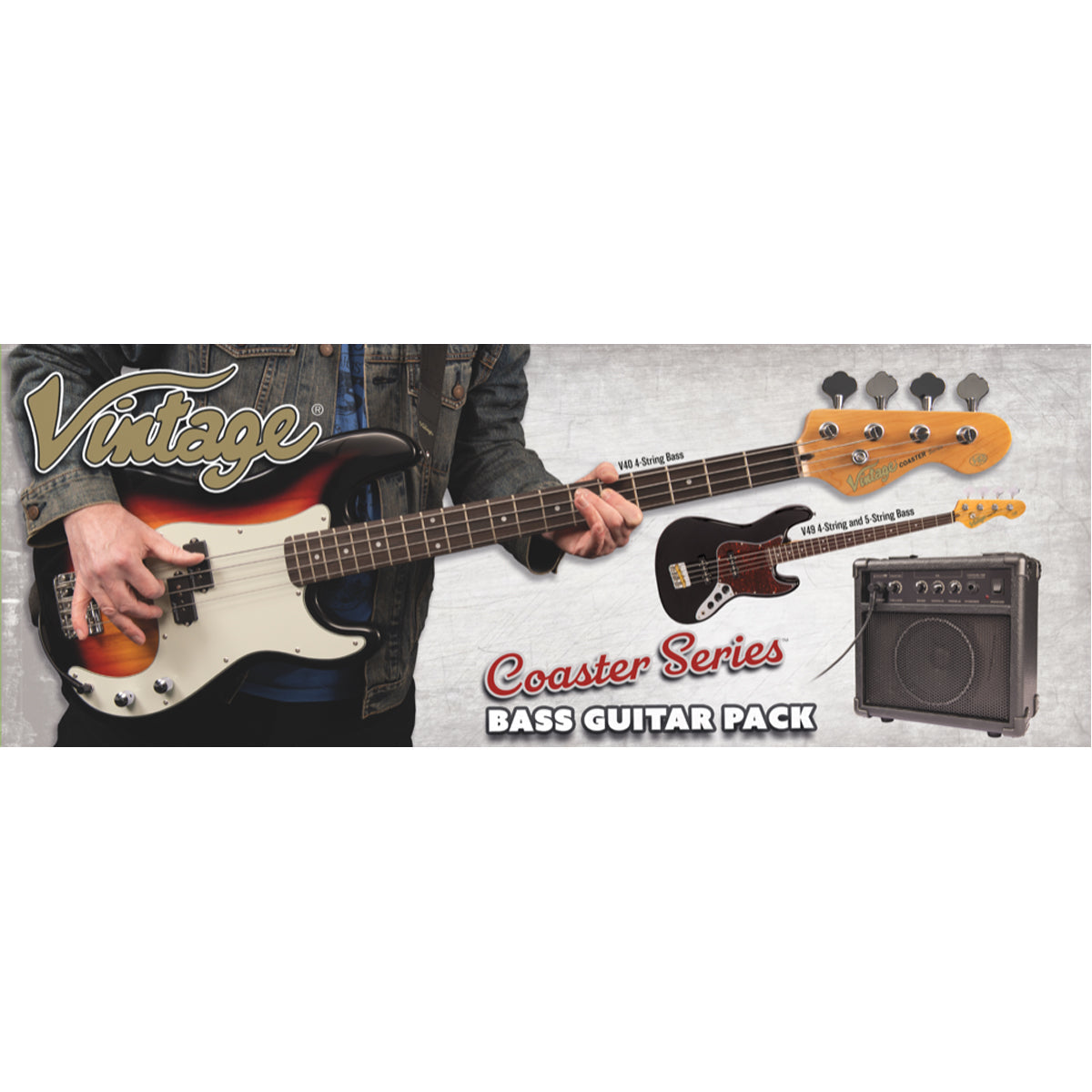 Vintage V40 Coaster Series Bass Guitar Pack ~ 3 Tone Sunburst, Bass Guitar Packs for sale at Richards Guitars.