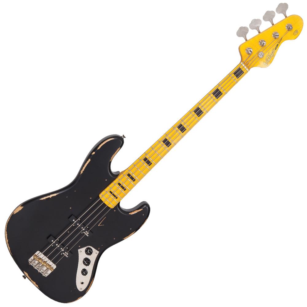 Vintage VJ74 ICON Bass ~ Distressed Black, Bass Guitar for sale at Richards Guitars.