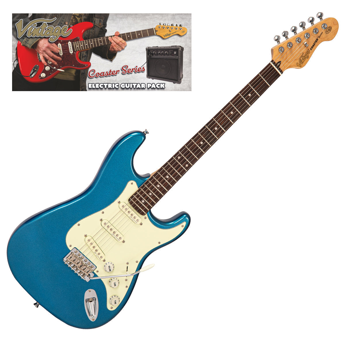 Vintage V60 Coaster Series Electric Guitar Pack ~ Candy Apple Blue, Electric Guitar for sale at Richards Guitars.