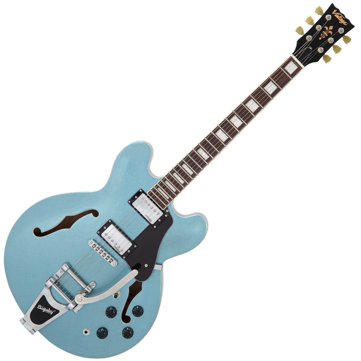 Vintage VSA500B ReIssued Semi Acoustic Guitar w/Bigsby ~ Gun Hill Blue, Electric Guitar for sale at Richards Guitars.