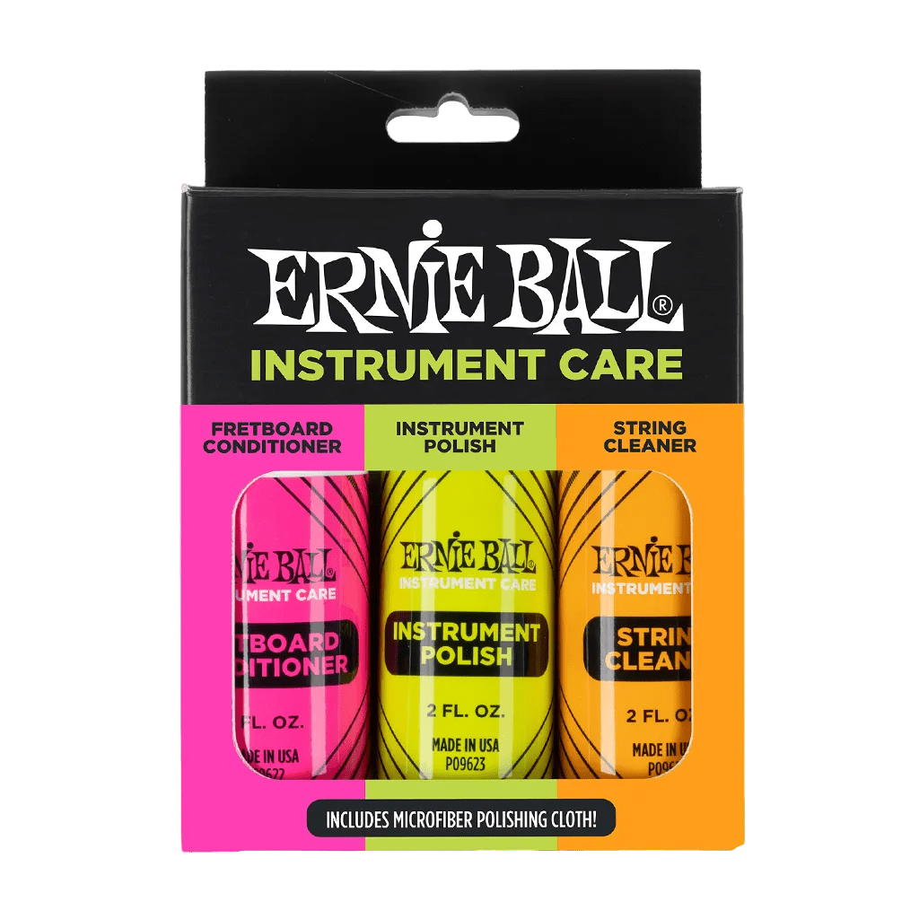 Ernie Ball Instrument Care 3 - PACK W/Microfibre Cloth (All You Need For Body, Strings & Fretboard) - Richards Guitars Of Stratford Upon Avon