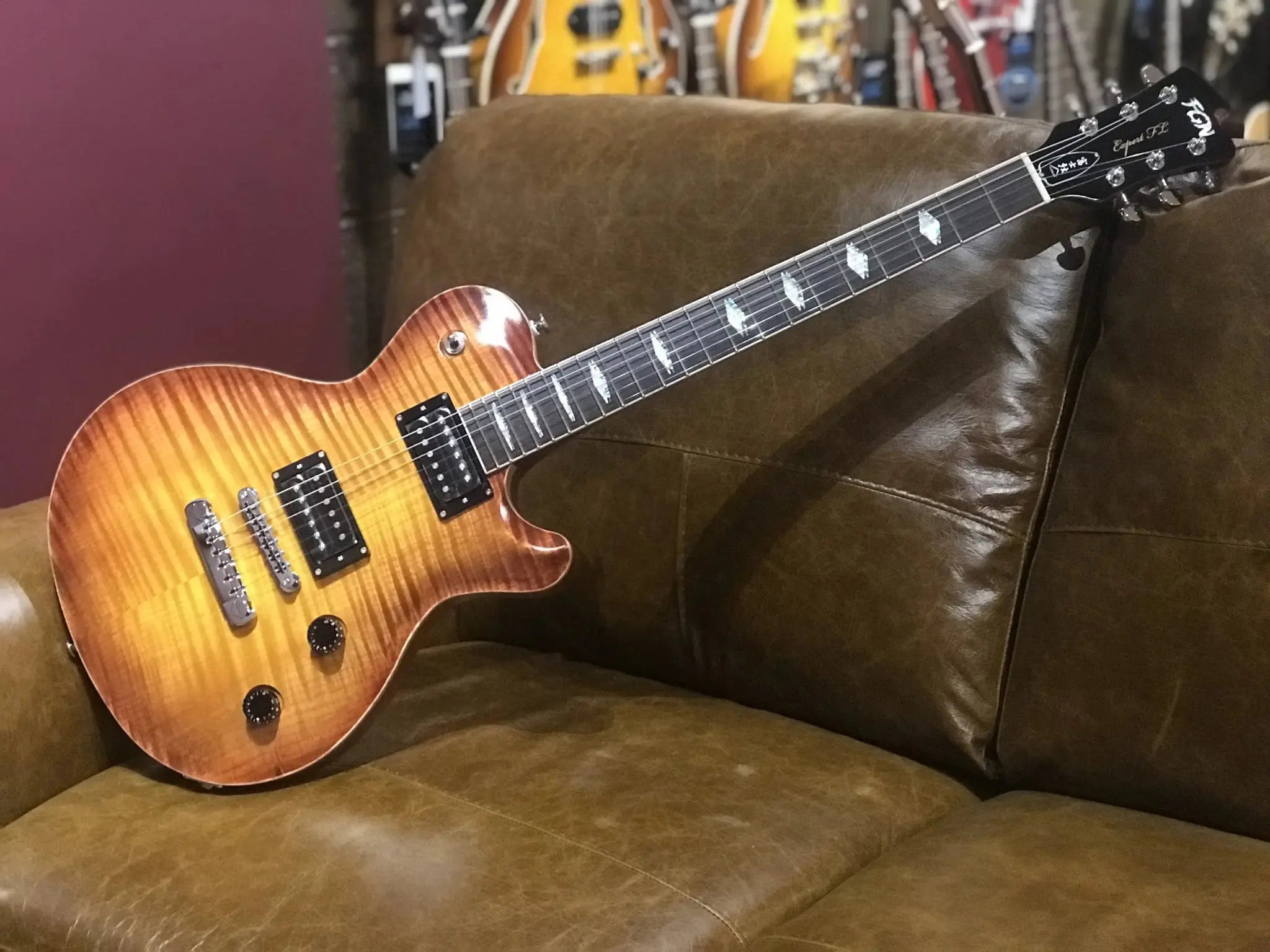 FGN Expert Flame, Electric Guitar, Vintage Violin (VV) EFLFMR With Hard Case - Richards Guitars Of Stratford Upon Avon