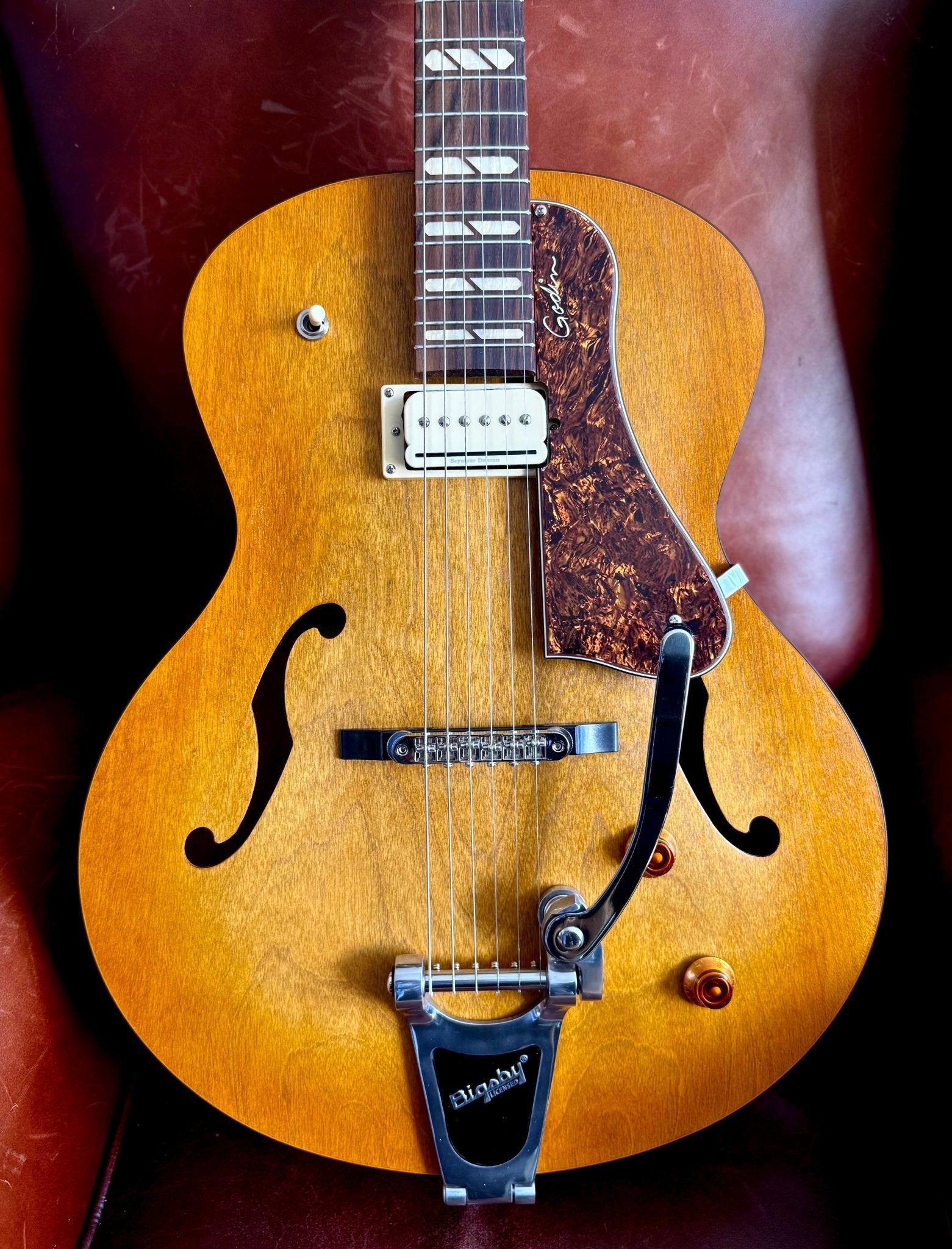 Godin 5th Avenue Jumbo P - Rail Semi - Acoustic Guitar ~ Harvest Gold - Richards Guitars Of Stratford Upon Avon