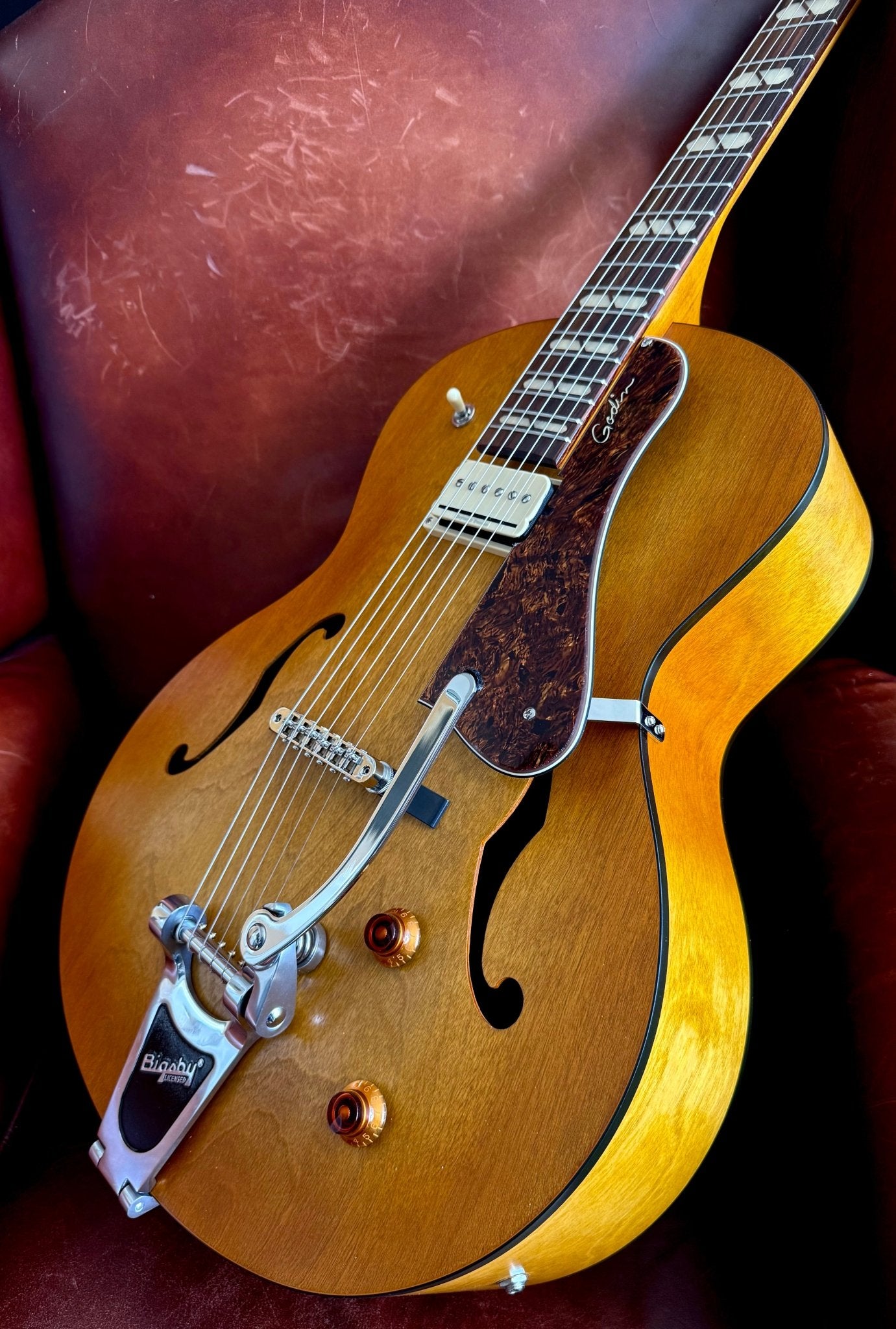 Godin 5th Avenue Jumbo P - Rail Semi - Acoustic Guitar ~ Harvest Gold - Richards Guitars Of Stratford Upon Avon