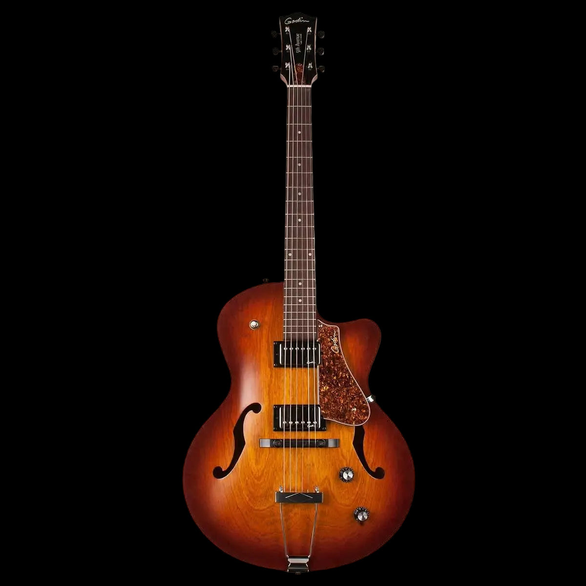 Godin 5th Avenue Semi - Acoustic Guitar ~ Cognac Burst Kingpin II HB - Richards Guitars Of Stratford Upon Avon
