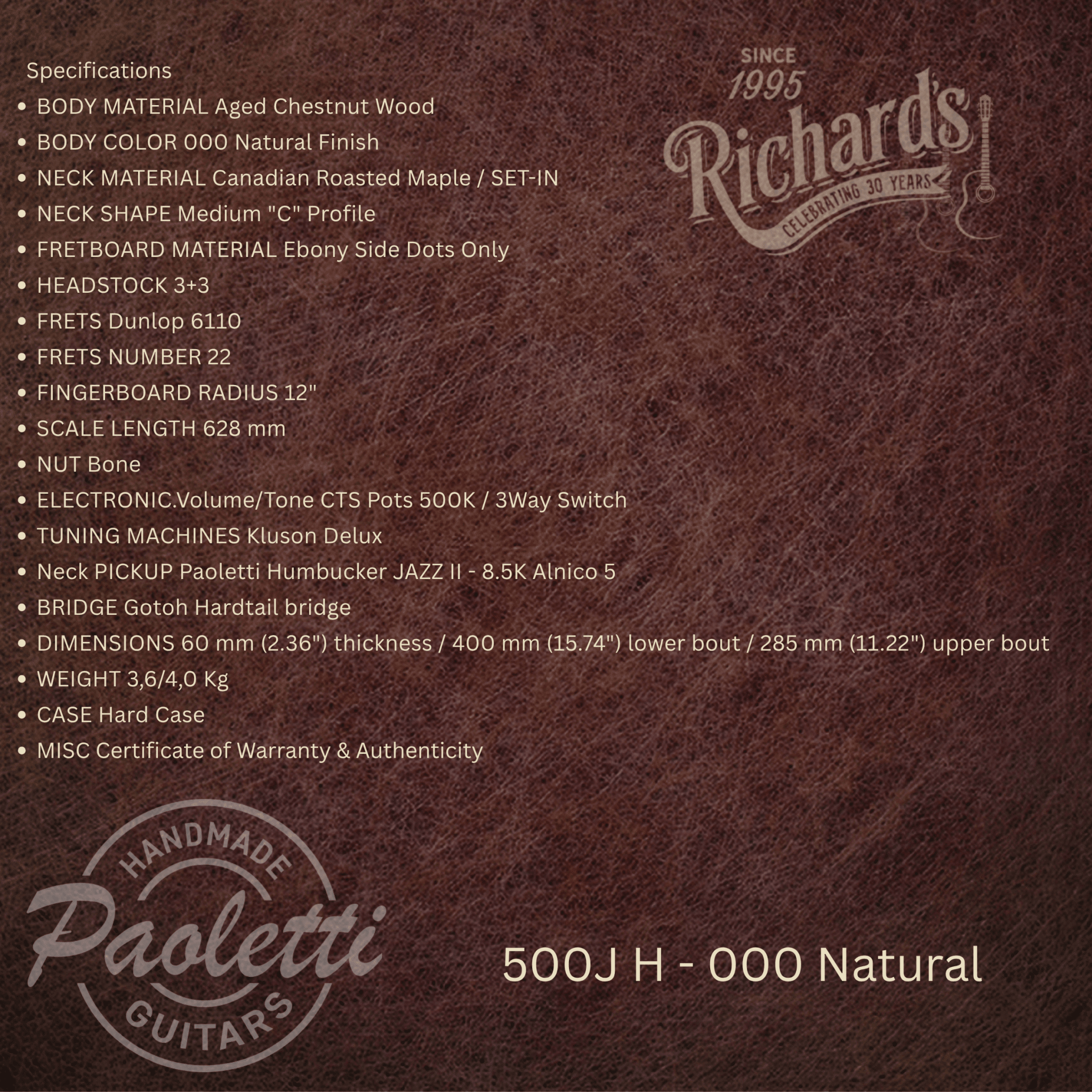 Paoletti 500J H - 000 Natural - Richards Guitars Of Stratford Upon Avon