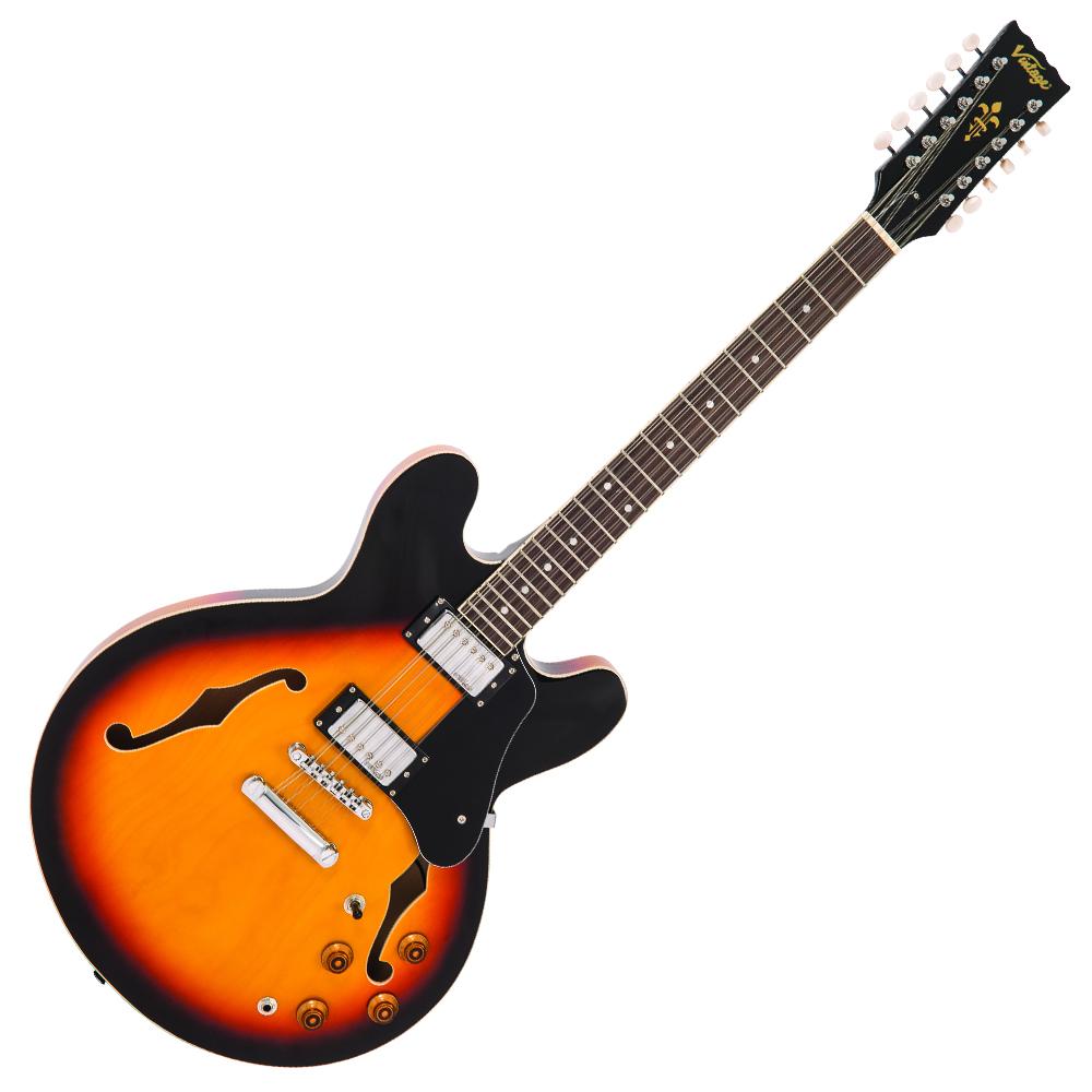 Vintage VSA500 ReIssued 12-String Semi Acoustic Guitar ~ Sunburst, Semi-Acoustic Guitars for sale at Richards Guitars.