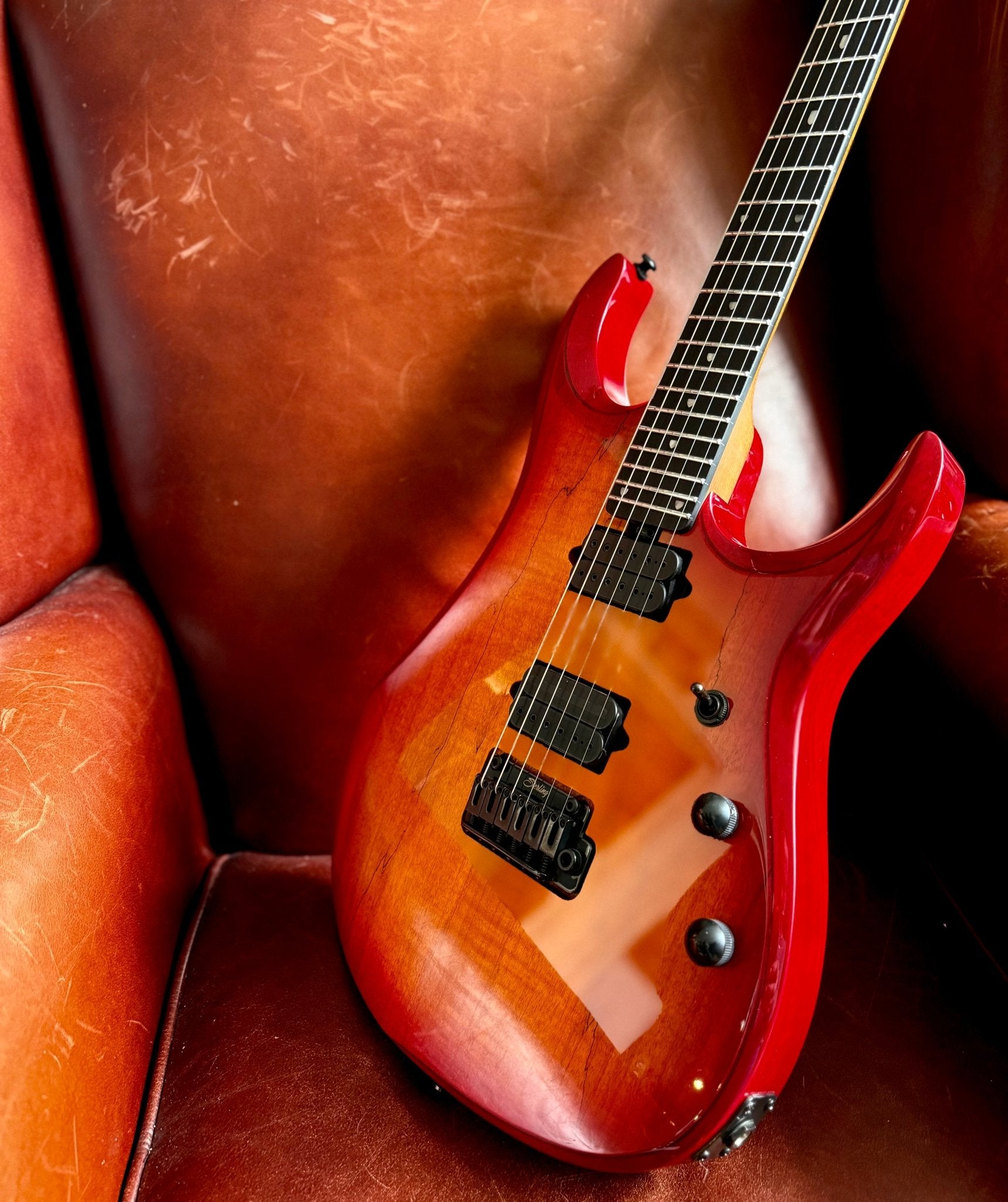 Sterling By Musicman JP150 Dimarzio Spalted Maple Blood Orange Burst - Richards Guitars Of Stratford Upon Avon