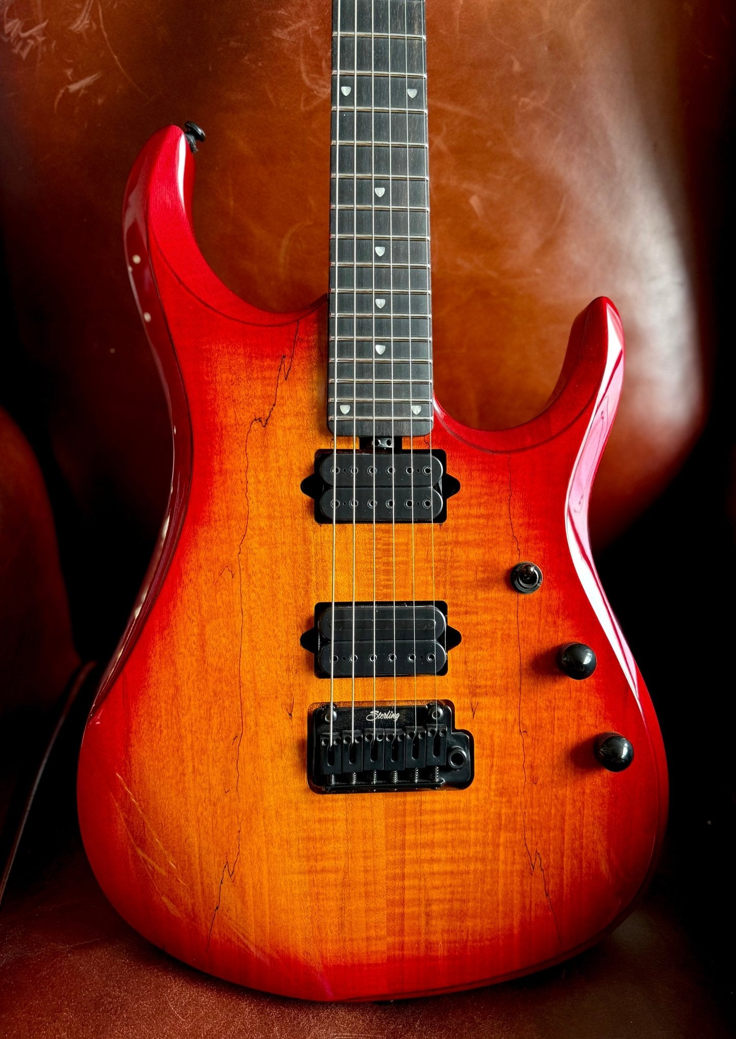 Sterling By Musicman JP150 Dimarzio Spalted Maple Blood Orange Burst - Richards Guitars Of Stratford Upon Avon