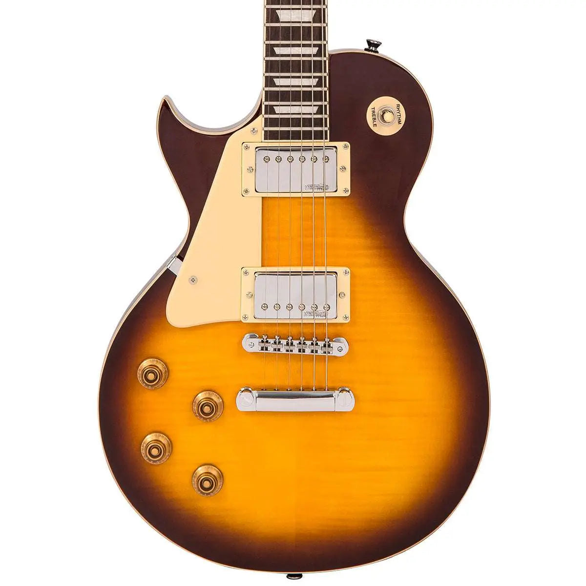 Vintage LV100IT Reissued Electric Guitar ~ Left Hand Flamed Ice Tea - Richards Guitars Of Stratford Upon Avon