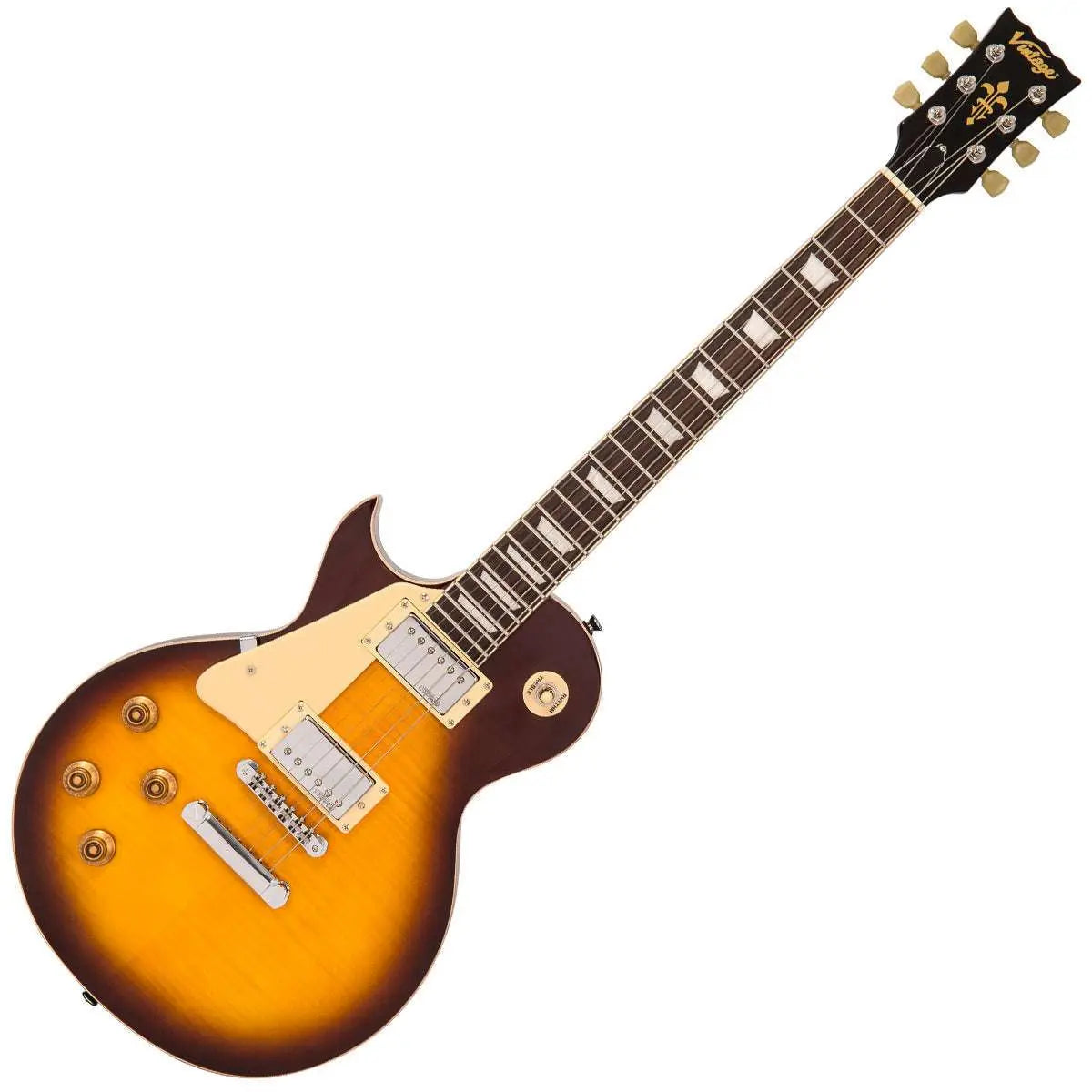 Vintage LV100IT Reissued Electric Guitar ~ Left Hand Flamed Ice Tea - Richards Guitars Of Stratford Upon Avon