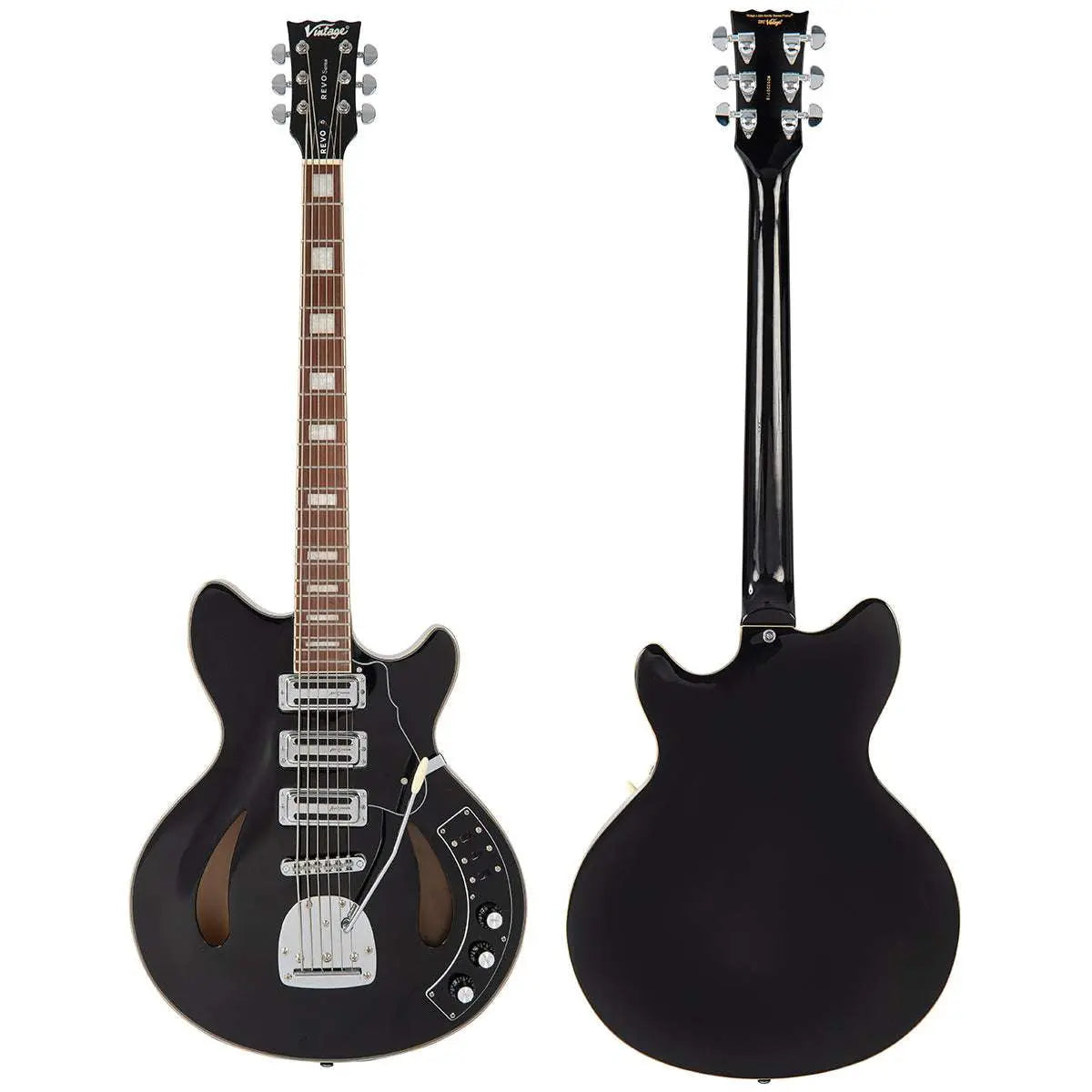 Vintage REVO Series 'Custom Supreme Baritone VI' Semi - Acoustic Guitar ~ Boulevard Black - Richards Guitars Of Stratford Upon Avon