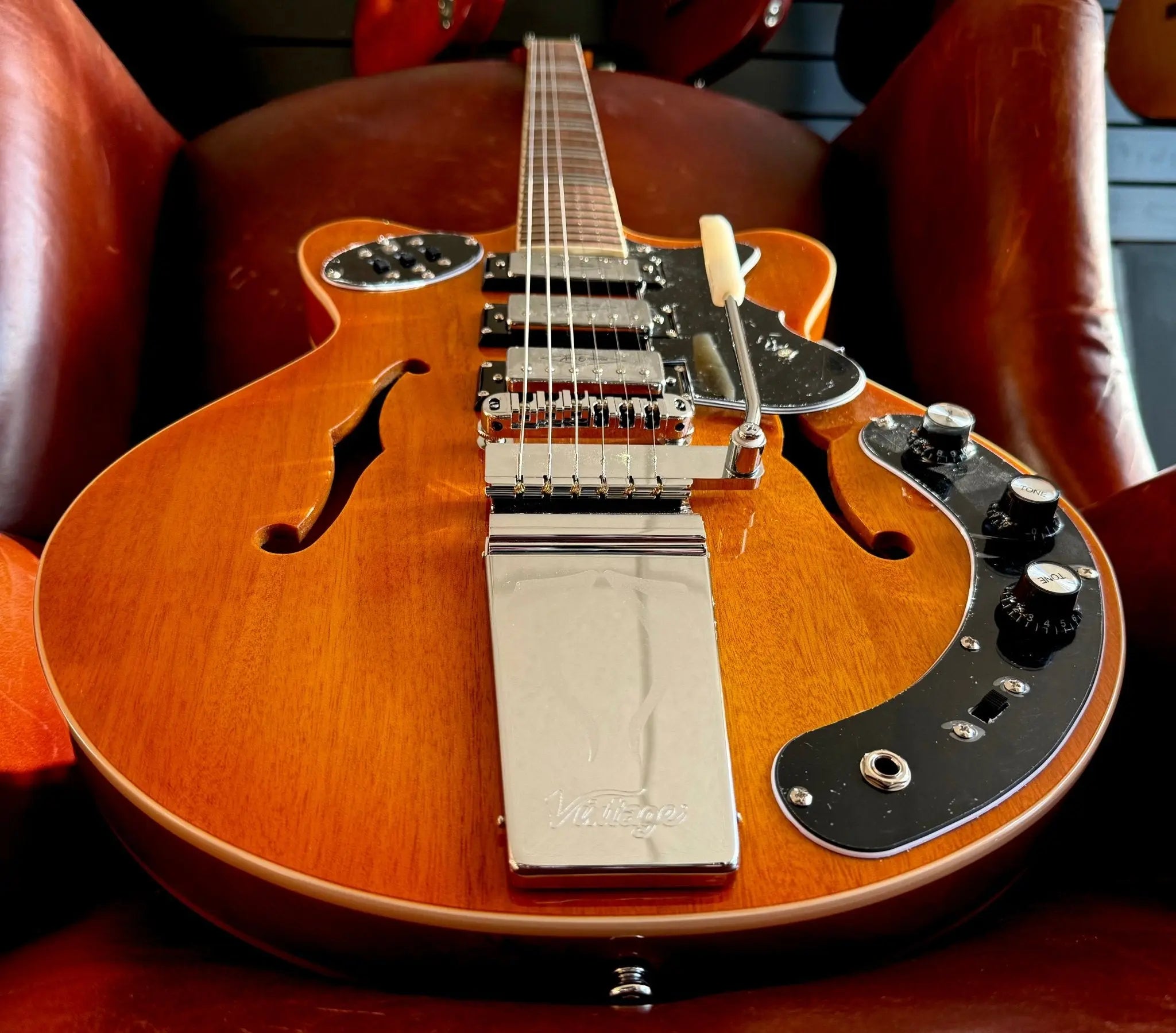 Vintage REVO Series 'Superthin' Electric Guitar ~ Amberburst - Richards Guitars Of Stratford Upon Avon