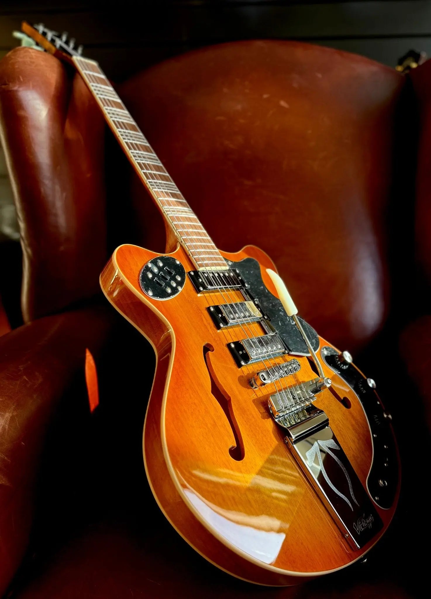 Vintage REVO Series 'Superthin' Electric Guitar ~ Amberburst - Richards Guitars Of Stratford Upon Avon