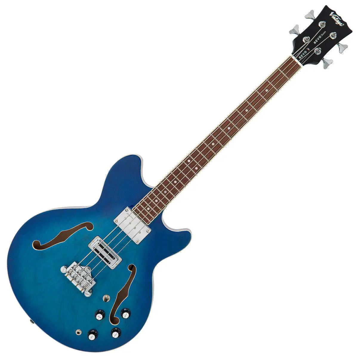 Vintage REVO Series 'Supreme' Semi Acoustic Bass ~ Blueburst - Richards Guitars Of Stratford Upon Avon