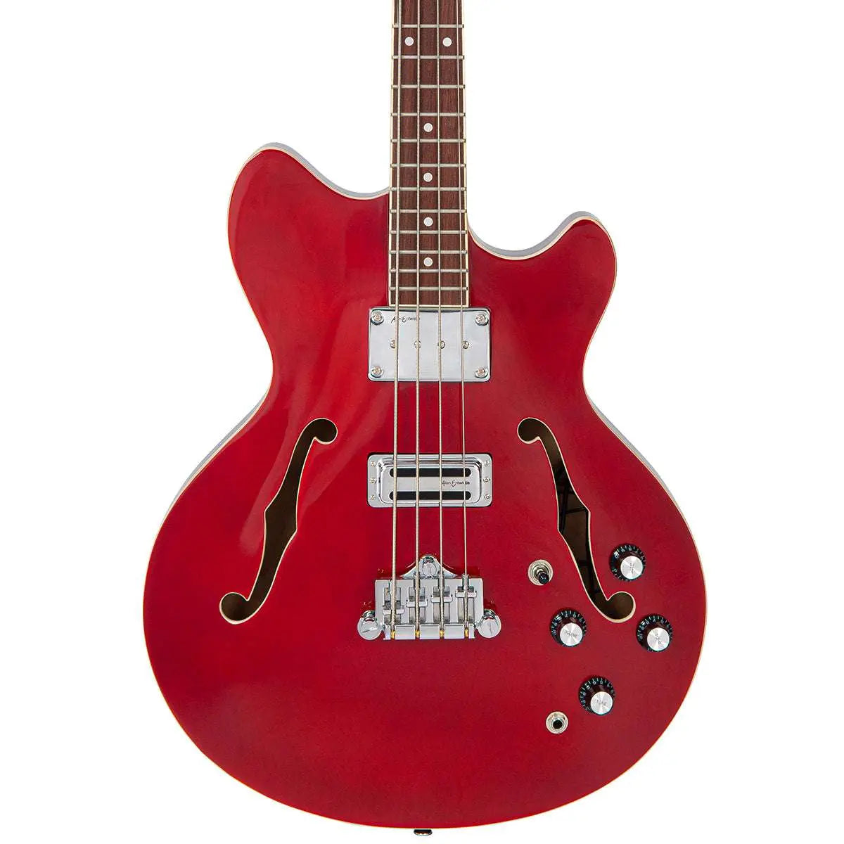 Vintage REVO Series 'Supreme' Semi Acoustic Bass ~ Cherry Red - Richards Guitars Of Stratford Upon Avon