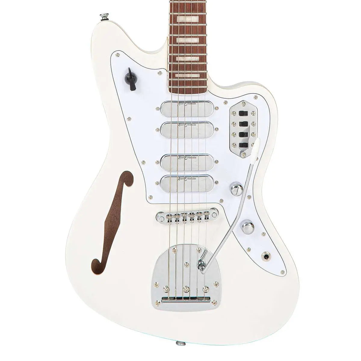 Vintage REVO Series 'Surfmaster Quad' Electric Guitar ~ Metallic White - Richards Guitars Of Stratford Upon Avon