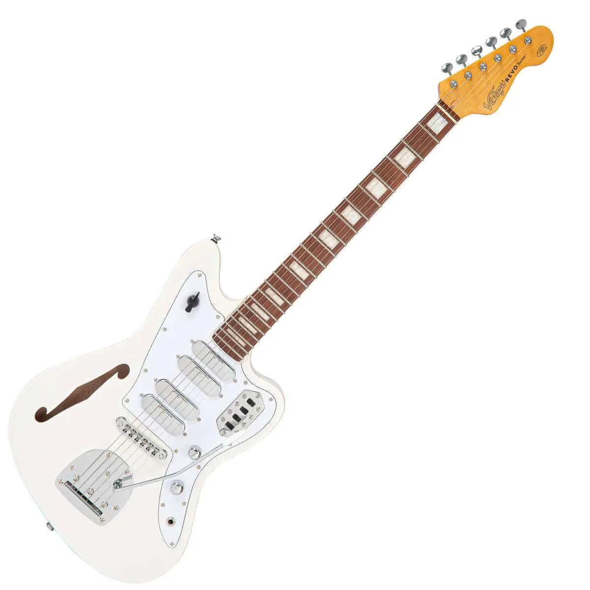 Vintage REVO Series 'Surfmaster Quad' Electric Guitar ~ Metallic White - Richards Guitars Of Stratford Upon Avon