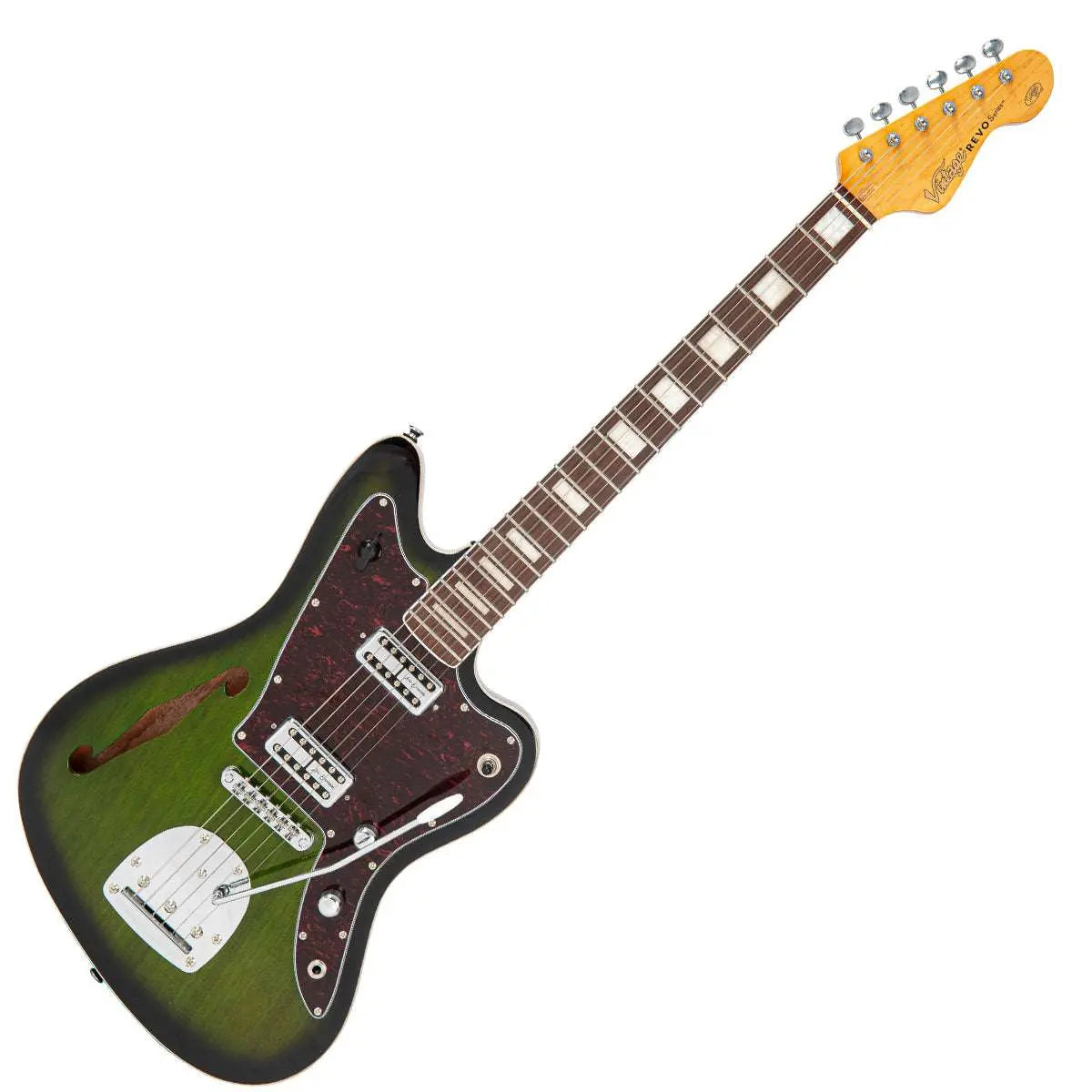 Vintage REVO Series VRS652GB Surfmaster Thinline' Twin Electric Guitar ~ Greenburst - Richards Guitars Of Stratford Upon Avon