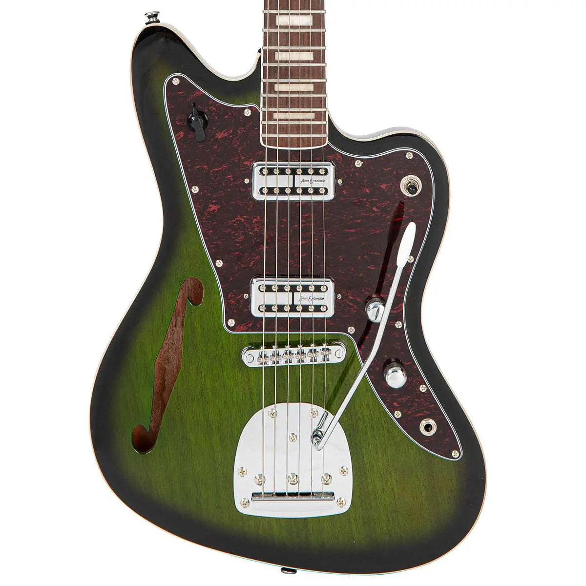 Vintage REVO Series VRS652GB Surfmaster Thinline' Twin Electric Guitar ~ Greenburst - Richards Guitars Of Stratford Upon Avon