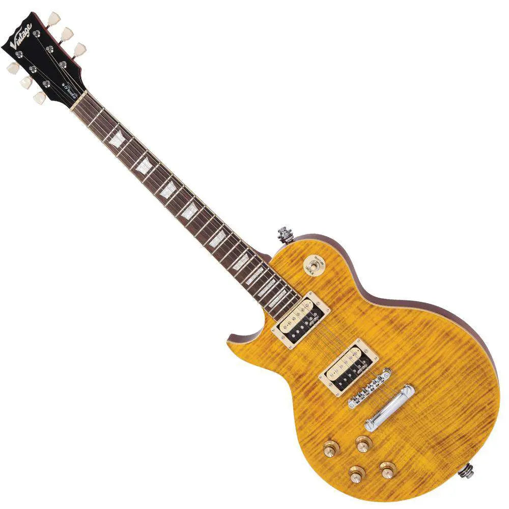 Vintage V100AFD Reissued Electric Guitar ~ Left Hand Flamed Amber - Richards Guitars Of Stratford Upon Avon