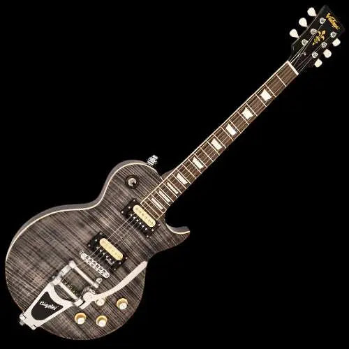 Vintage V100BLB ReIssued Electric Guitar w/Bigsby ~ Flamed Thru Black - Richards Guitars Of Stratford Upon Avon