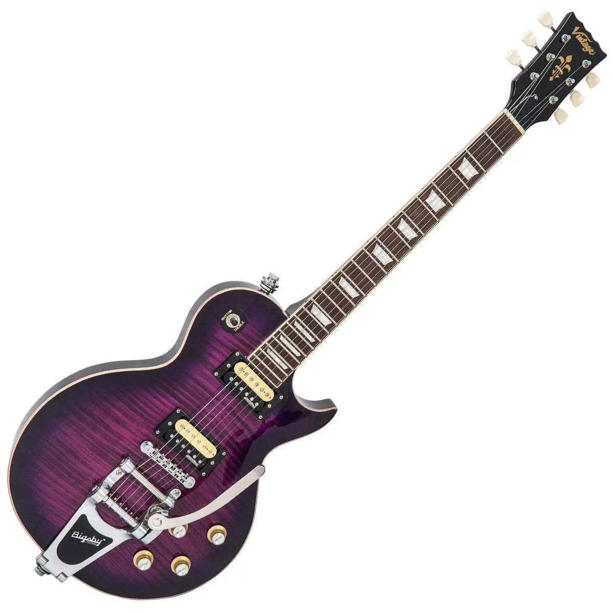Vintage V100PLB ReIssued Electric Guitar w/Bigsby ~ Flamed Purpleburst - Richards Guitars Of Stratford Upon Avon