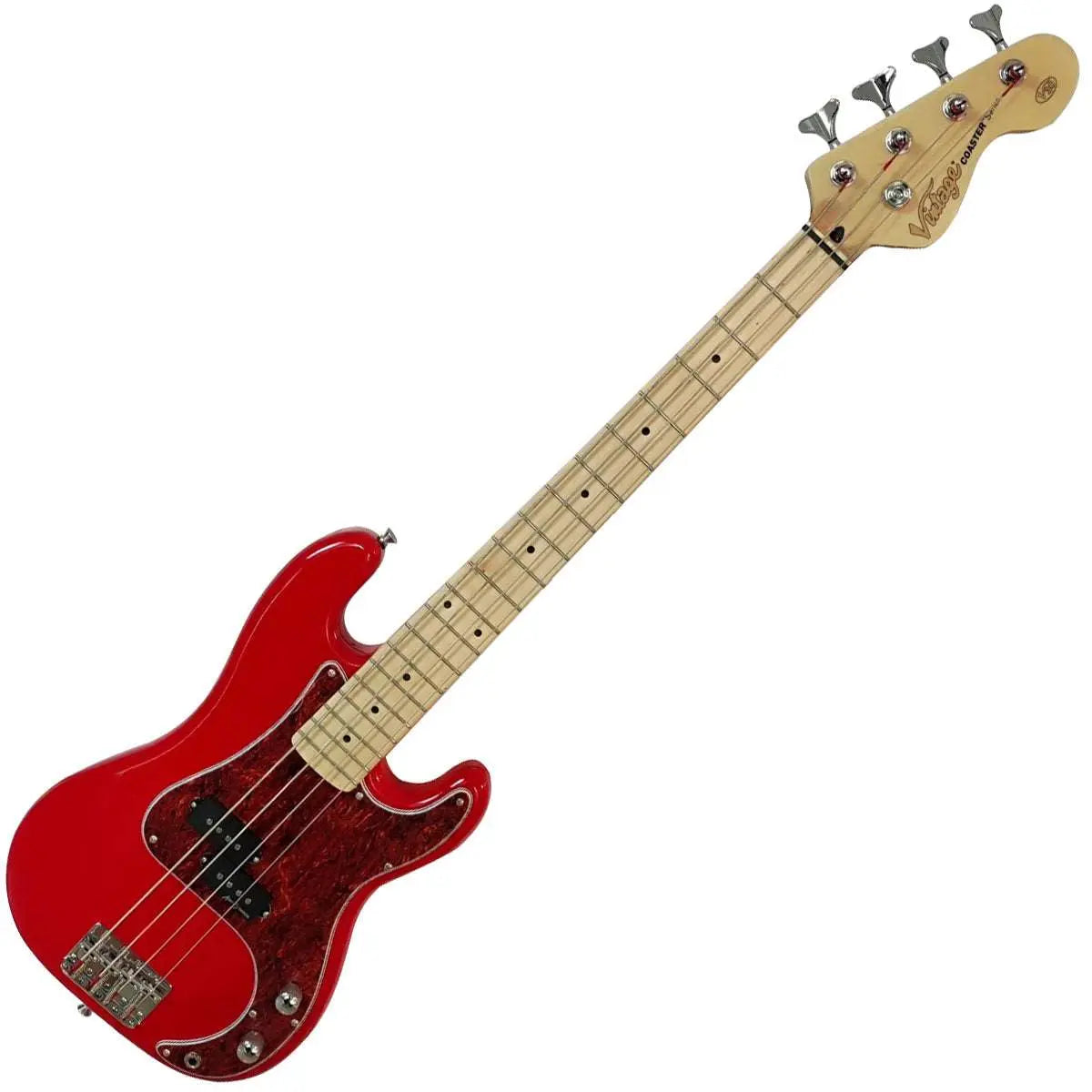 Vintage V30 Maple 7/8 Size Coaster Series Bass Guitar Pack ~ Gloss Red - Richards Guitars Of Stratford Upon Avon
