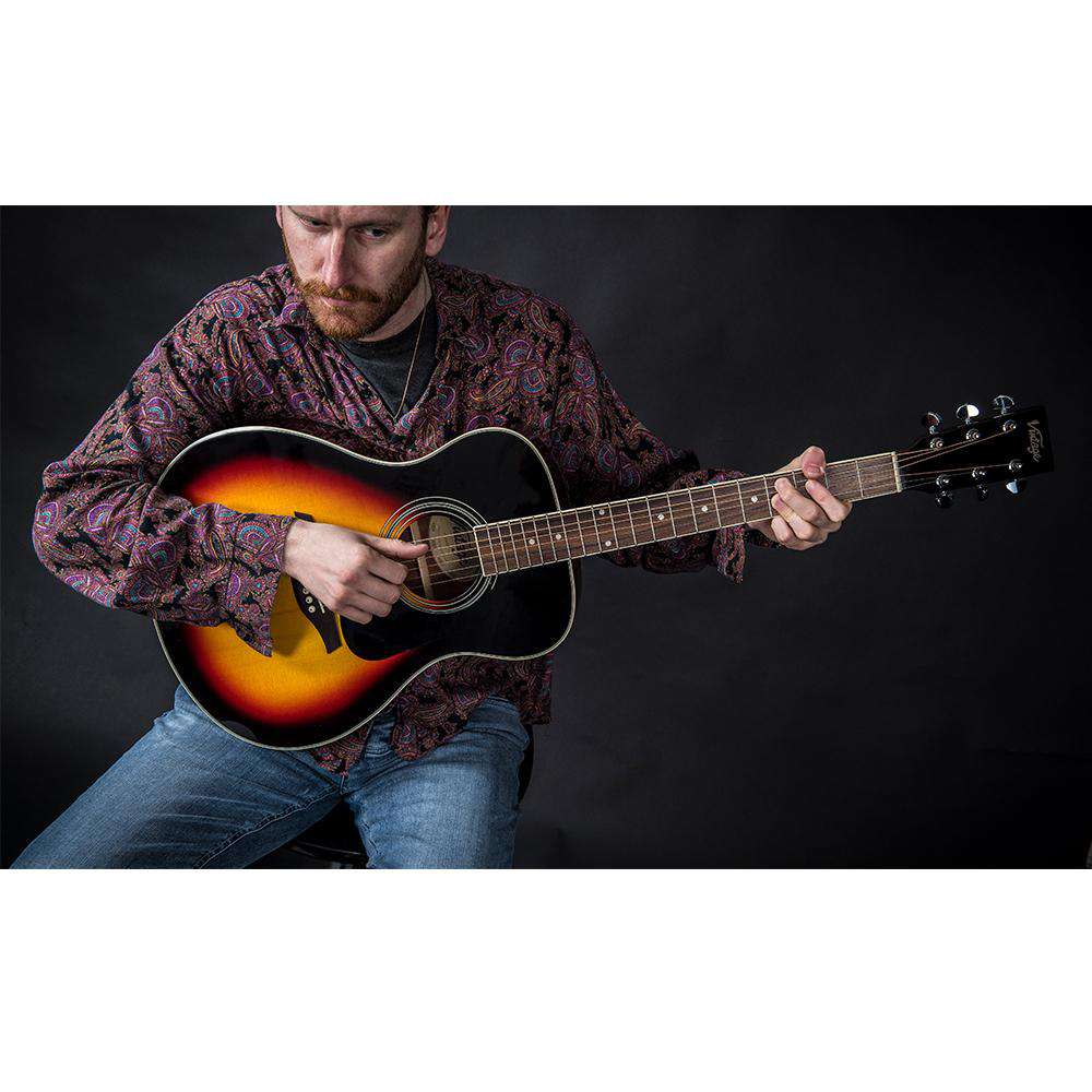 Vintage V300 Acoustic Folk Guitar ~ Vintage Sunburst - Richards Guitars Of Stratford Upon Avon