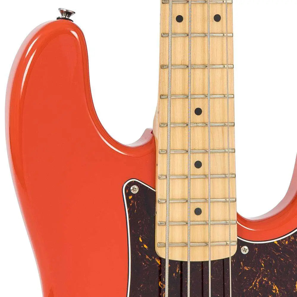 Vintage V4 ReIssued Maple Fingerboard Bass Guitar ~ Firenza Red - Richards Guitars Of Stratford Upon Avon