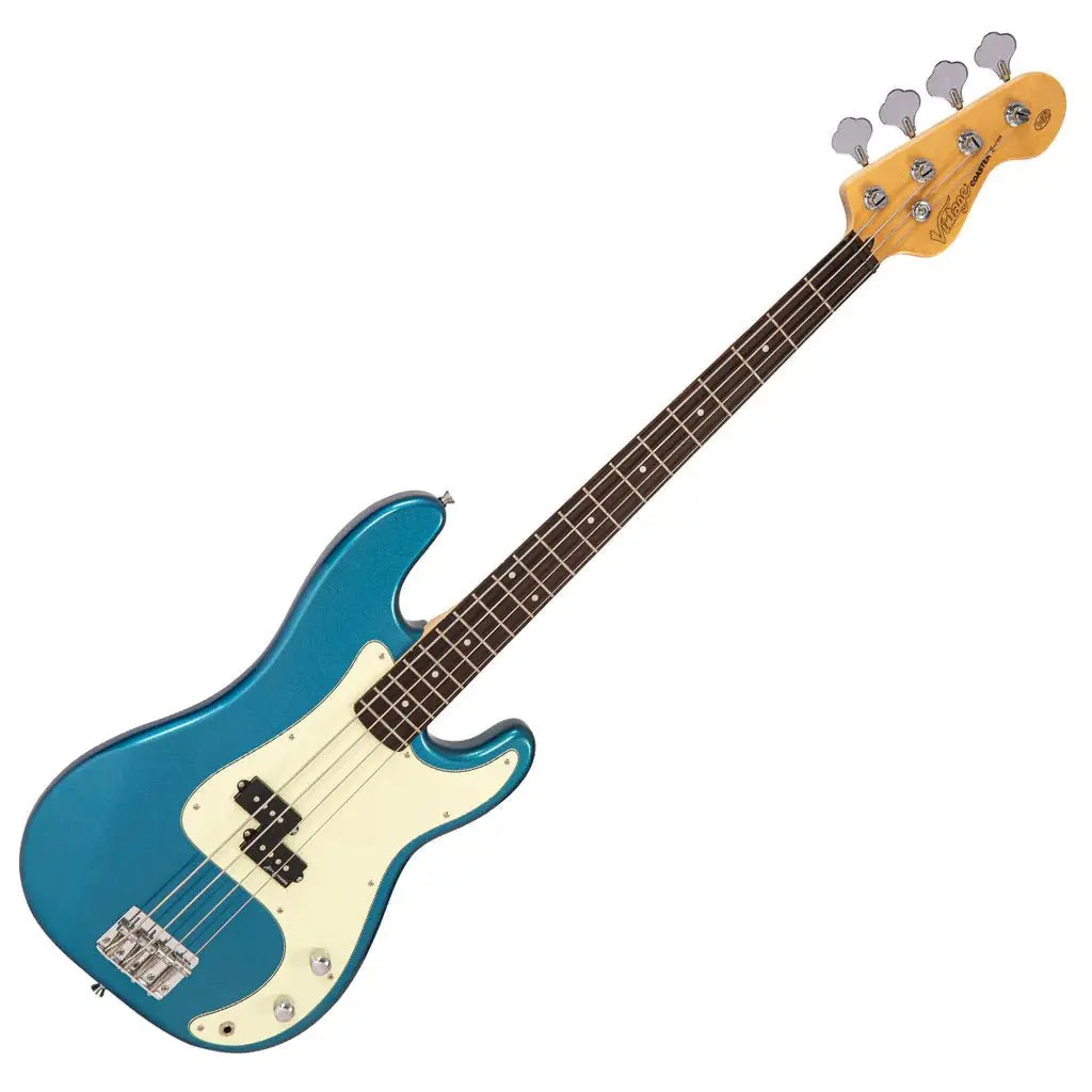 Vintage V40 Coaster Series Bass Guitar ~ Candy Apple Blue - Richards Guitars Of Stratford Upon Avon
