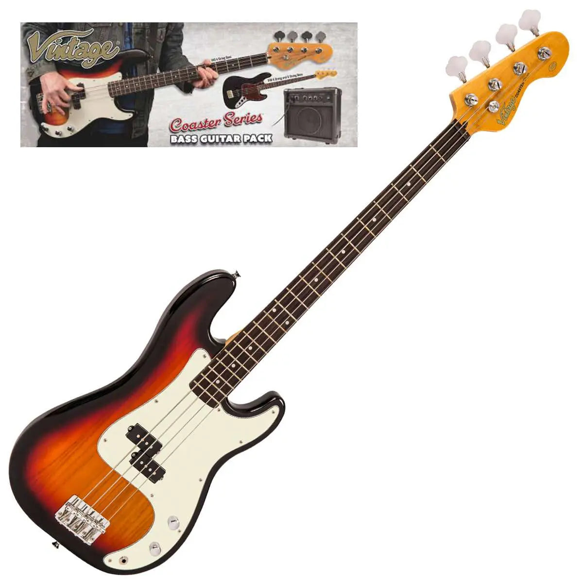 Vintage V40 Coaster Series Bass Guitar Pack ~ 3 Tone Sunburst - Richards Guitars Of Stratford Upon Avon