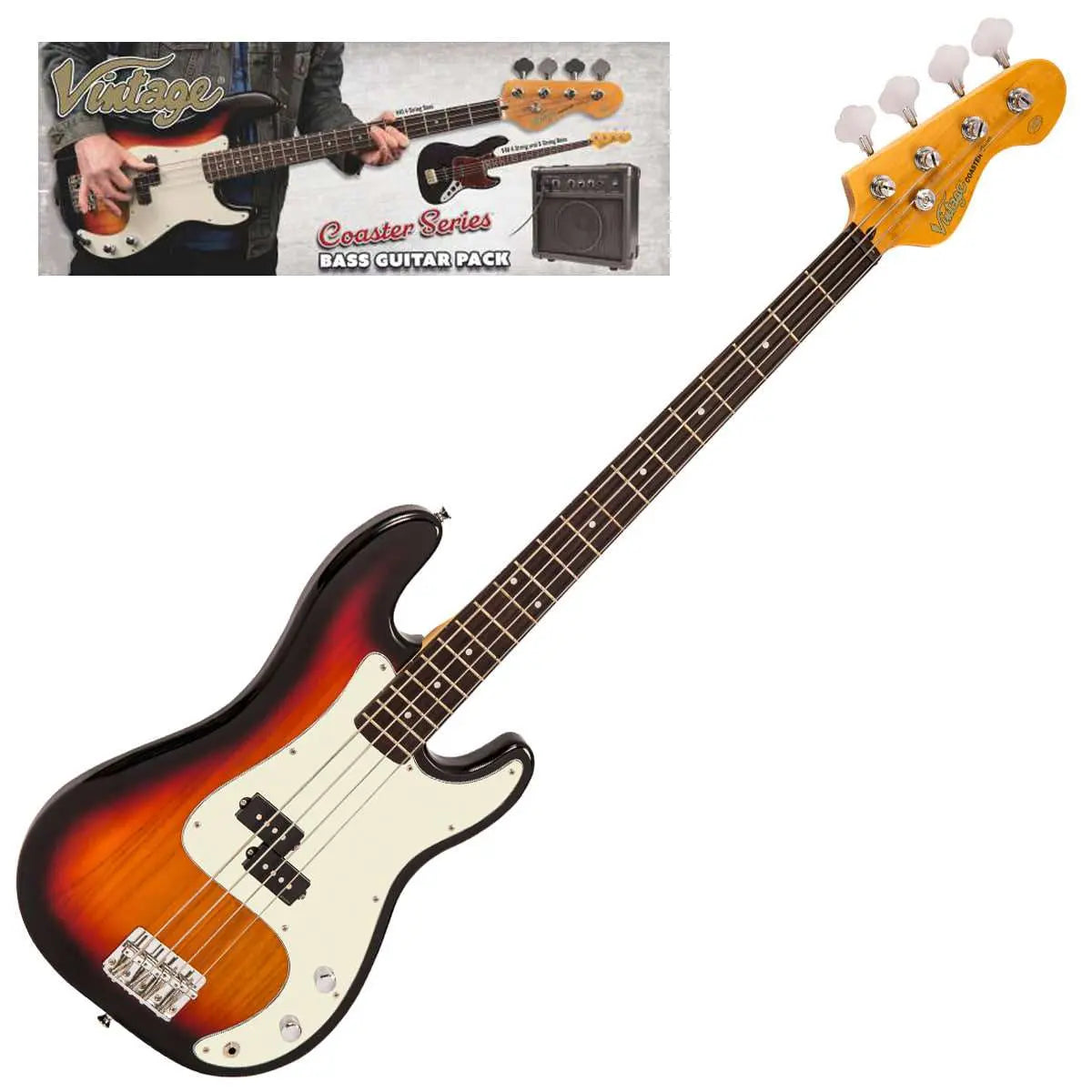 Vintage V40 Coaster Series Bass Guitar Pack ~ 3 Tone Sunburst - Richards Guitars Of Stratford Upon Avon