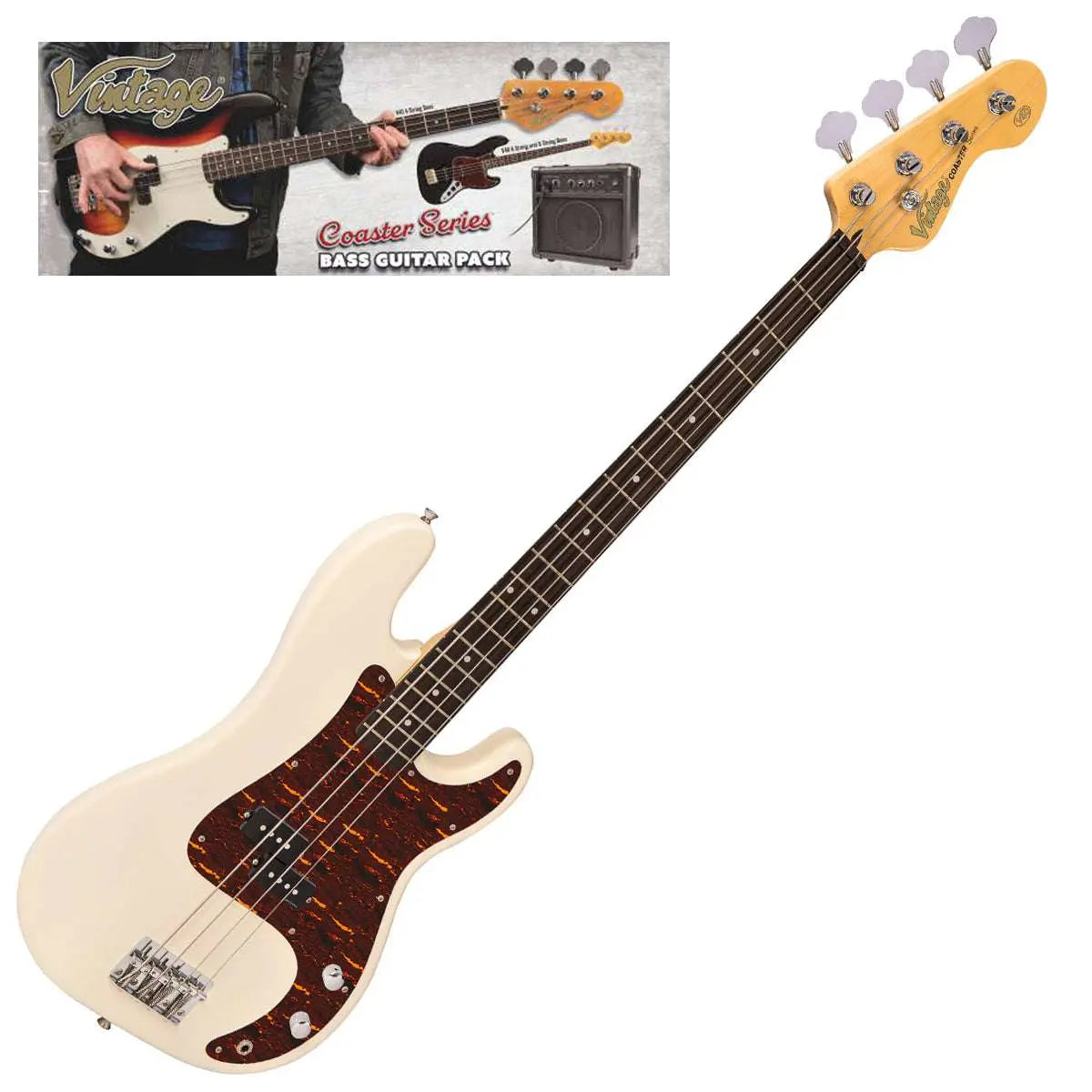 Vintage V40 Coaster Series Bass Guitar Pack ~ Vintage White - Richards Guitars Of Stratford Upon Avon