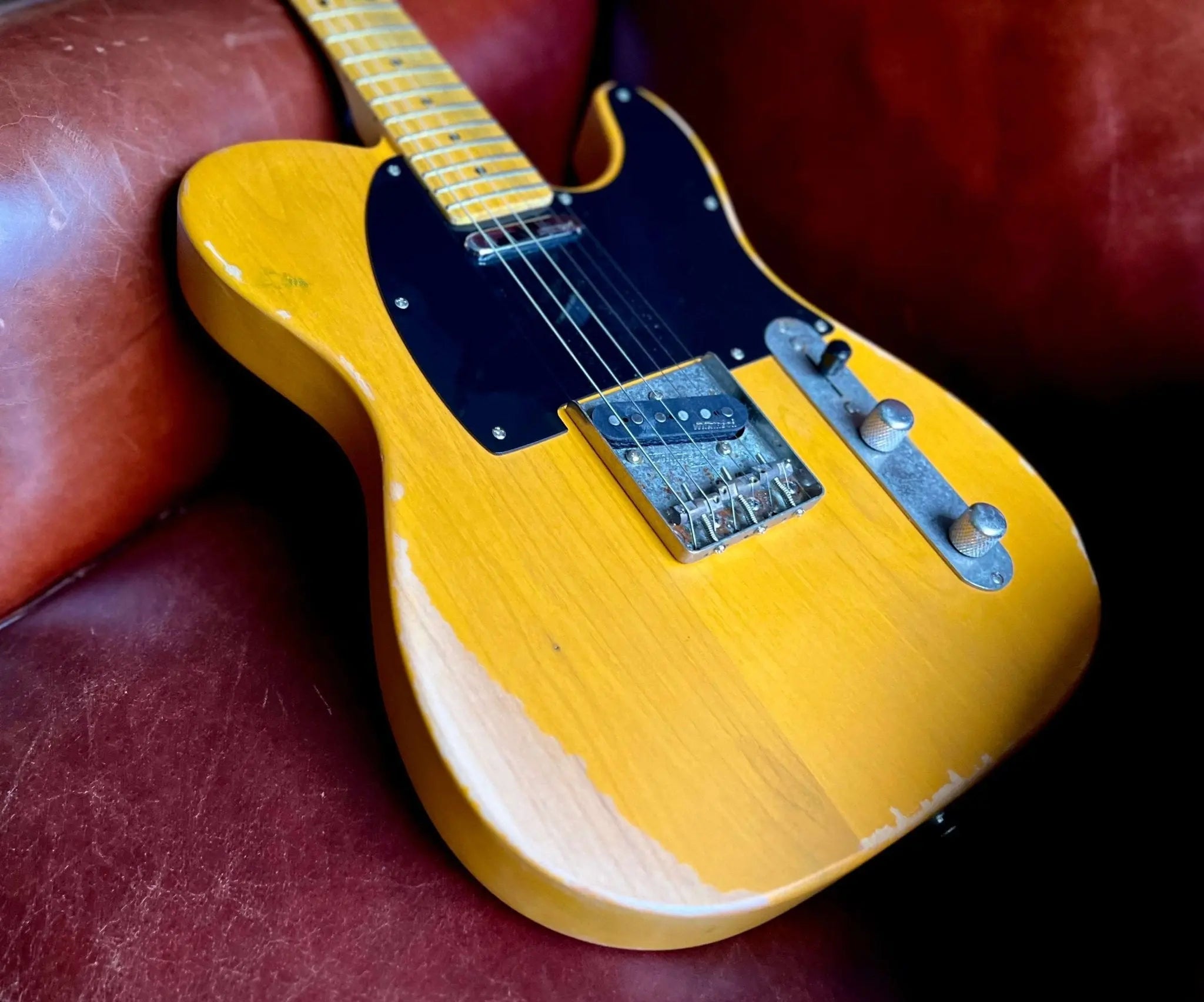 Vintage* V52MRBS Distressed Butterscotch Electric Guitar - Richards Guitars Of Stratford Upon Avon