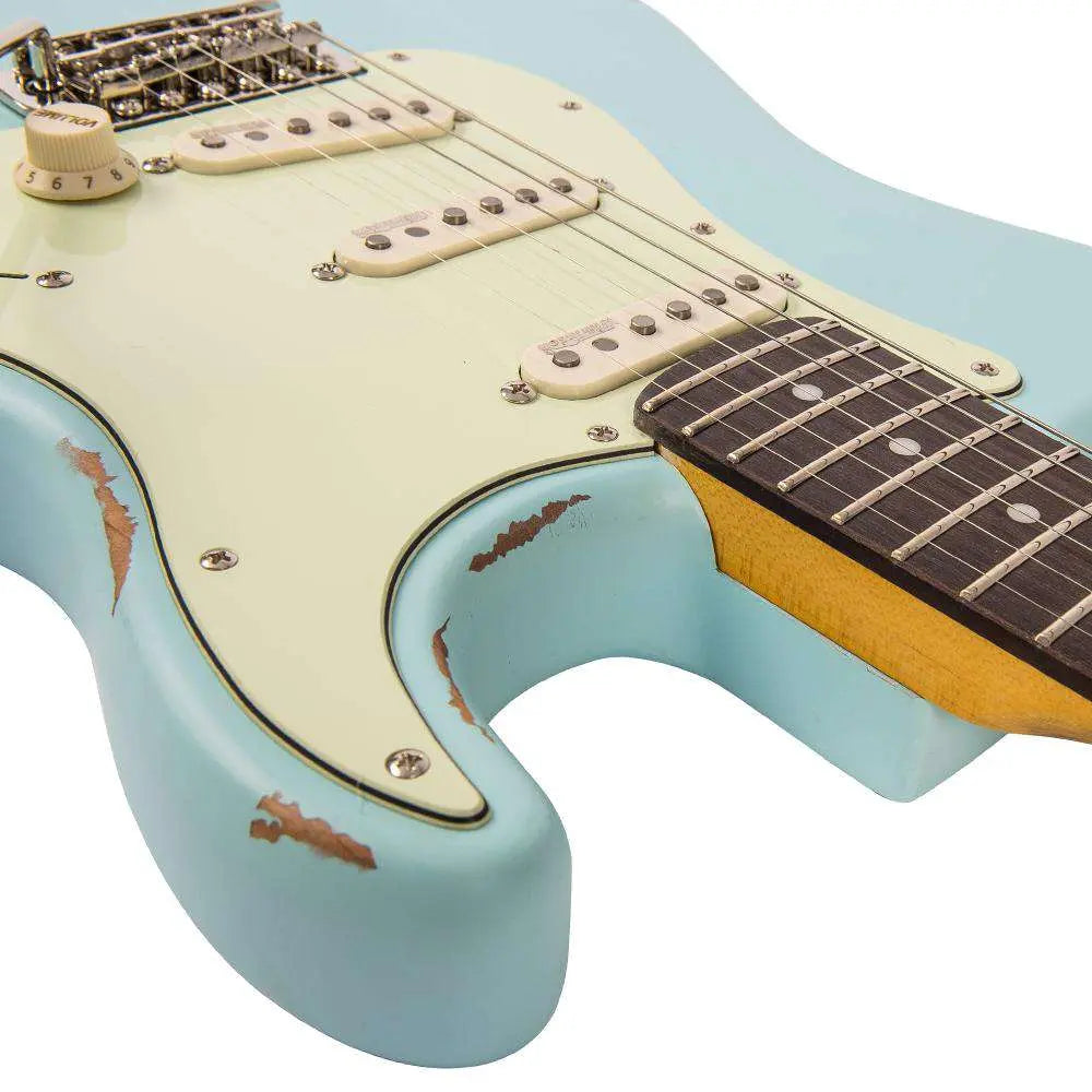Vintage V6 ICON Electric Guitar ~ Distressed Laguna Blue - Richards Guitars Of Stratford Upon Avon