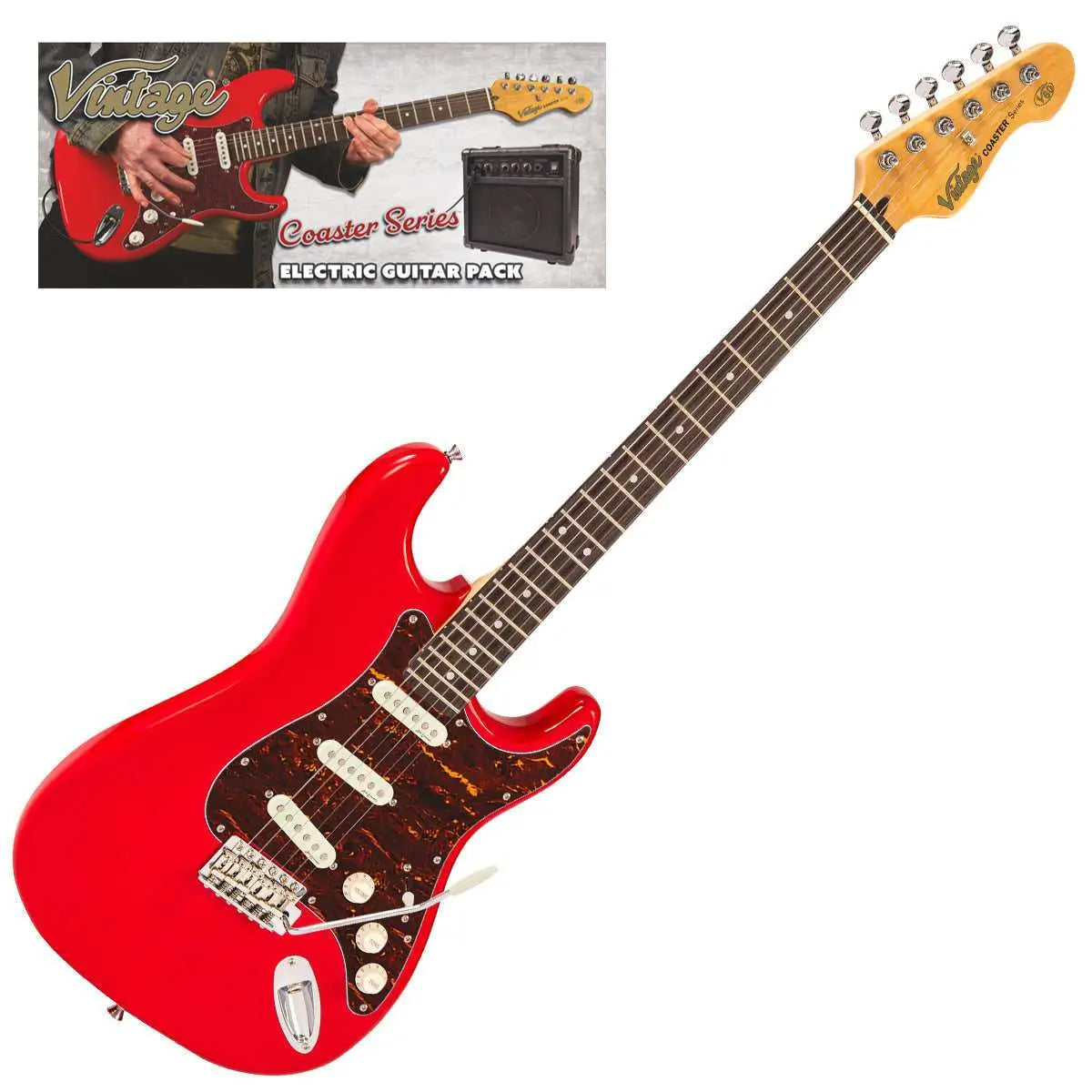 Vintage V60 Coaster Series Electric Guitar Pack ~ Gloss Red - Richards Guitars Of Stratford Upon Avon