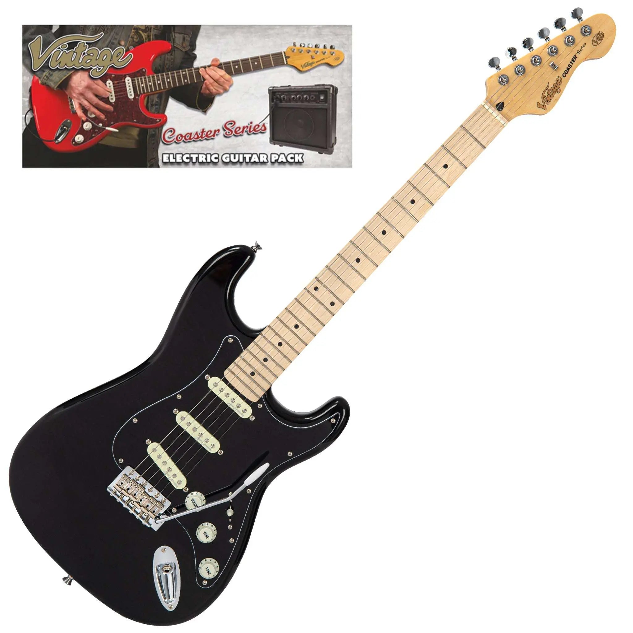 Vintage V60 Maple Coaster Series Electric Guitar Pack ~ Boulevard Black - Richards Guitars Of Stratford Upon Avon