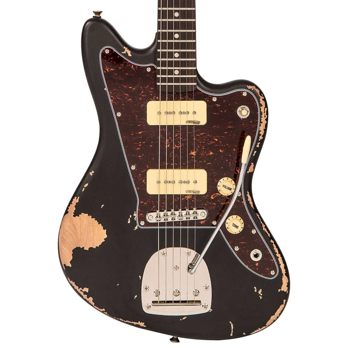 Vintage V65 VMRBK ICON Vibrato Electric Guitar ~ Distressed Black - Richards Guitars Of Stratford Upon Avon