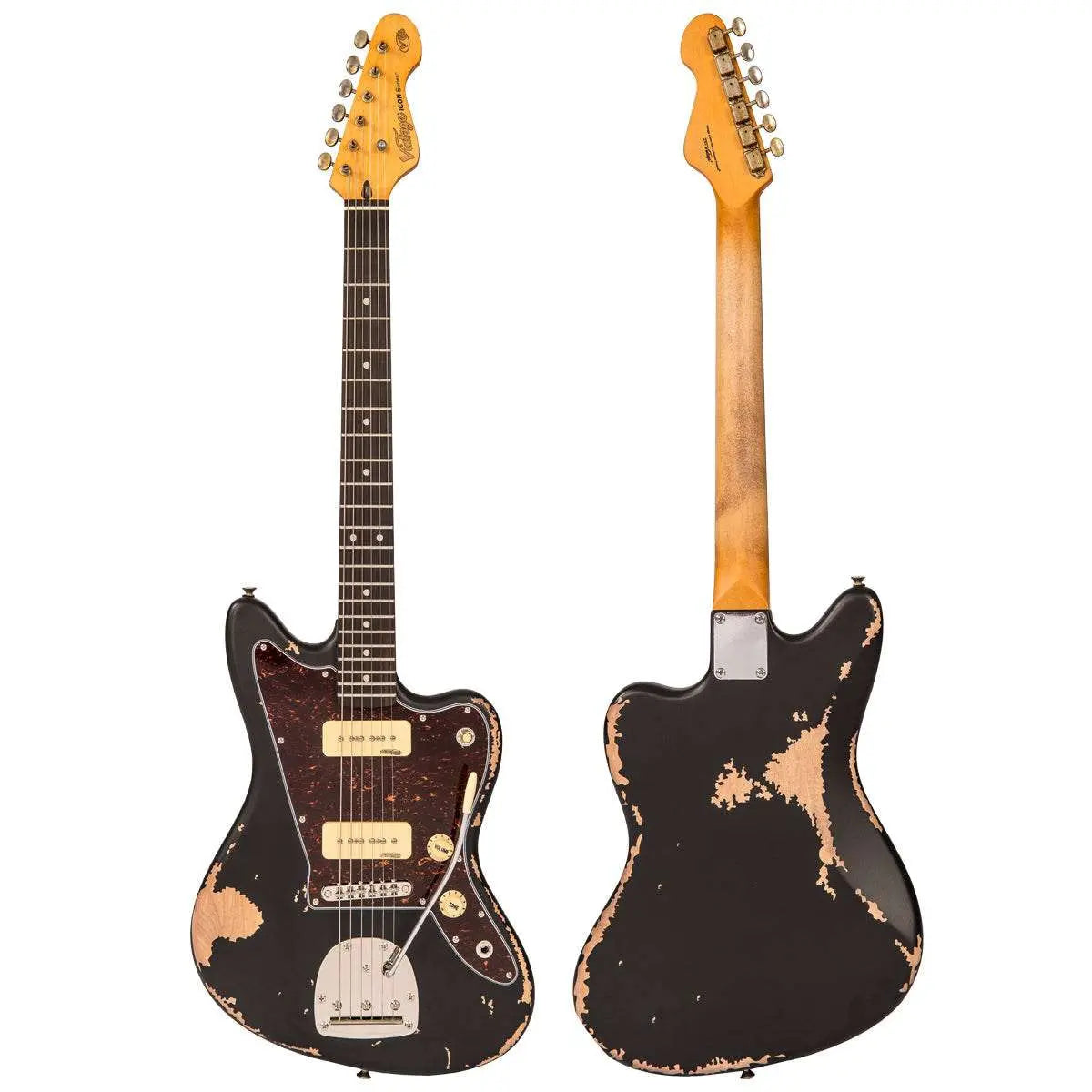 Vintage V65 VMRBK ICON Vibrato Electric Guitar ~ Distressed Black - Richards Guitars Of Stratford Upon Avon