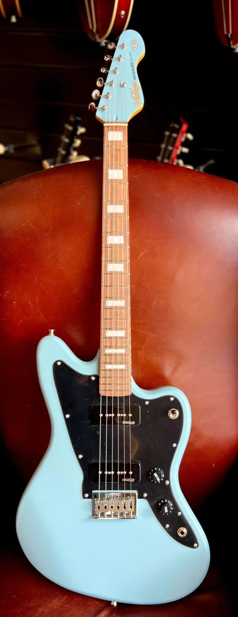 Vintage V65H BL ReIssued Hard Tail Electric Guitar ~ Satin Blue - Richards Guitars Of Stratford Upon Avon