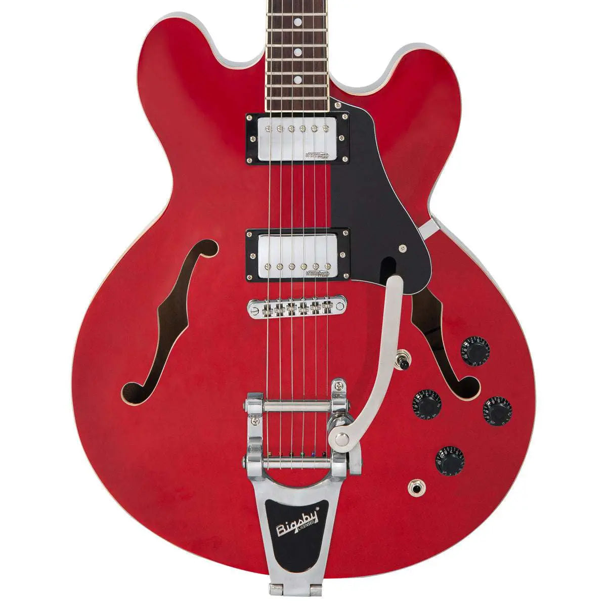 Vintage VSA500B ReIssued Semi Acoustic Guitar w/Bigsby ~ Cherry Red - Richards Guitars Of Stratford Upon Avon