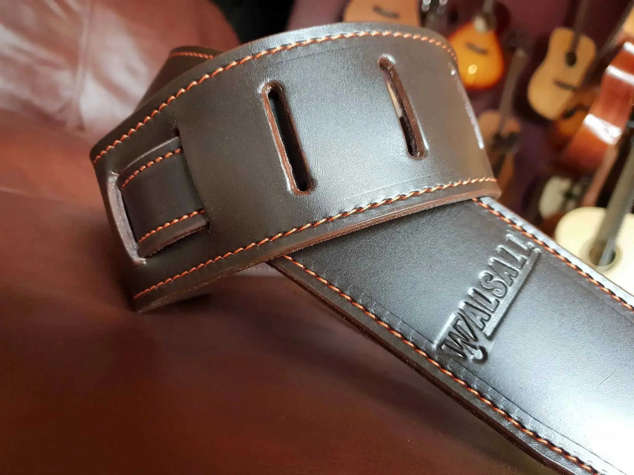 Buy Walsall Hand Made Premium Padded Bridle Leather Guitar Strap: Brown w' Cream Stitch