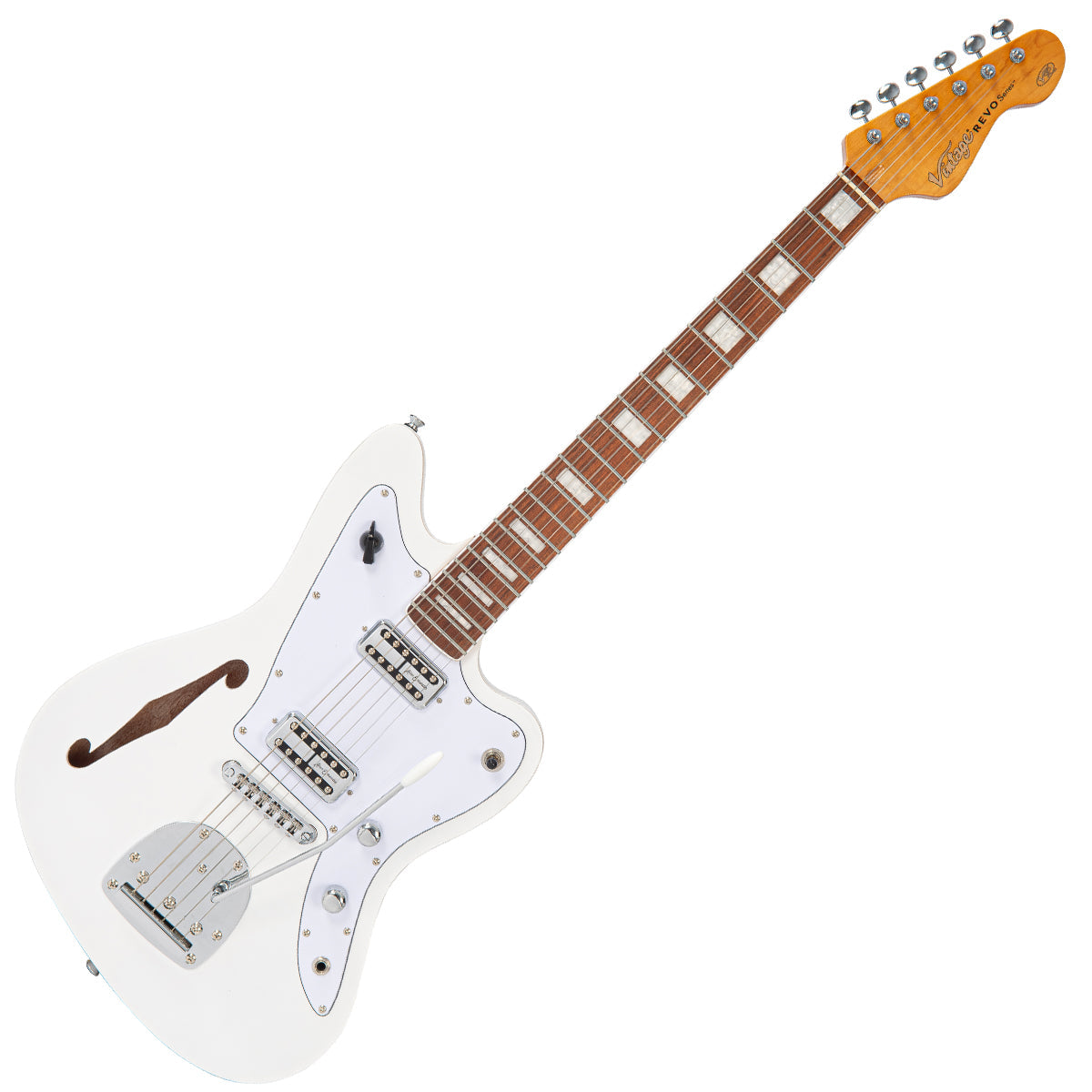 Vintage REVO Series 'Surfmaster Thinline' Twin Electric Guitar ~ Arctic White, Electric Guitars for sale at Richards Guitars.