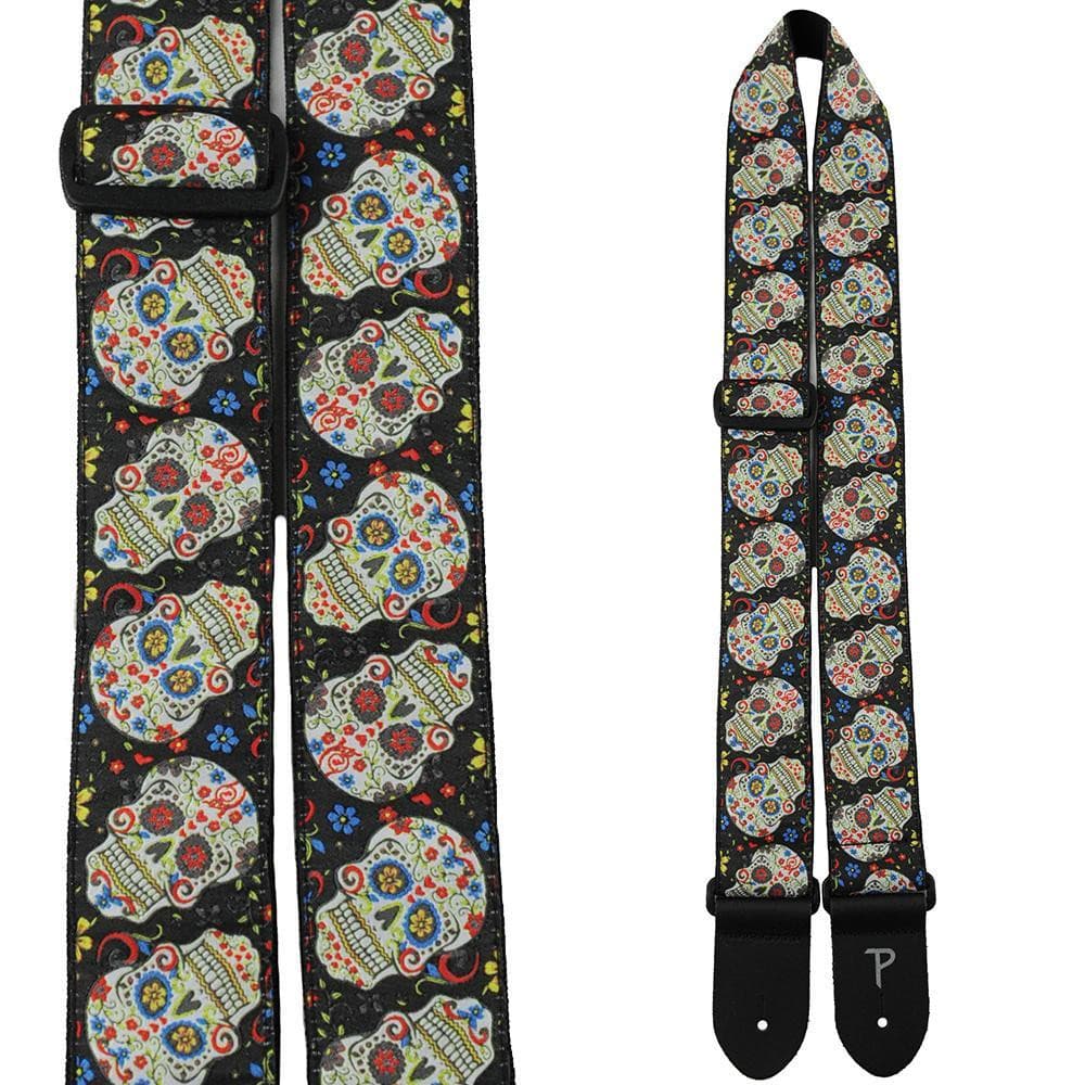 Leather guitar strap with mexican sugar skulls